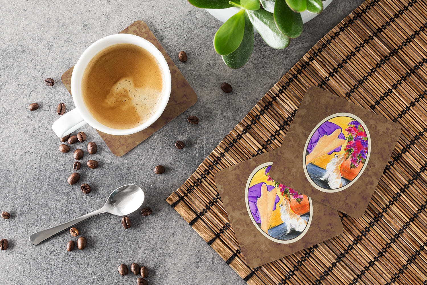 Lady with her Chihuahua Foam Coasters Set of 4 Cup Coasters for Indoor Outdoor, Tabletop Protection, Anti Slip, Mouse pad Material