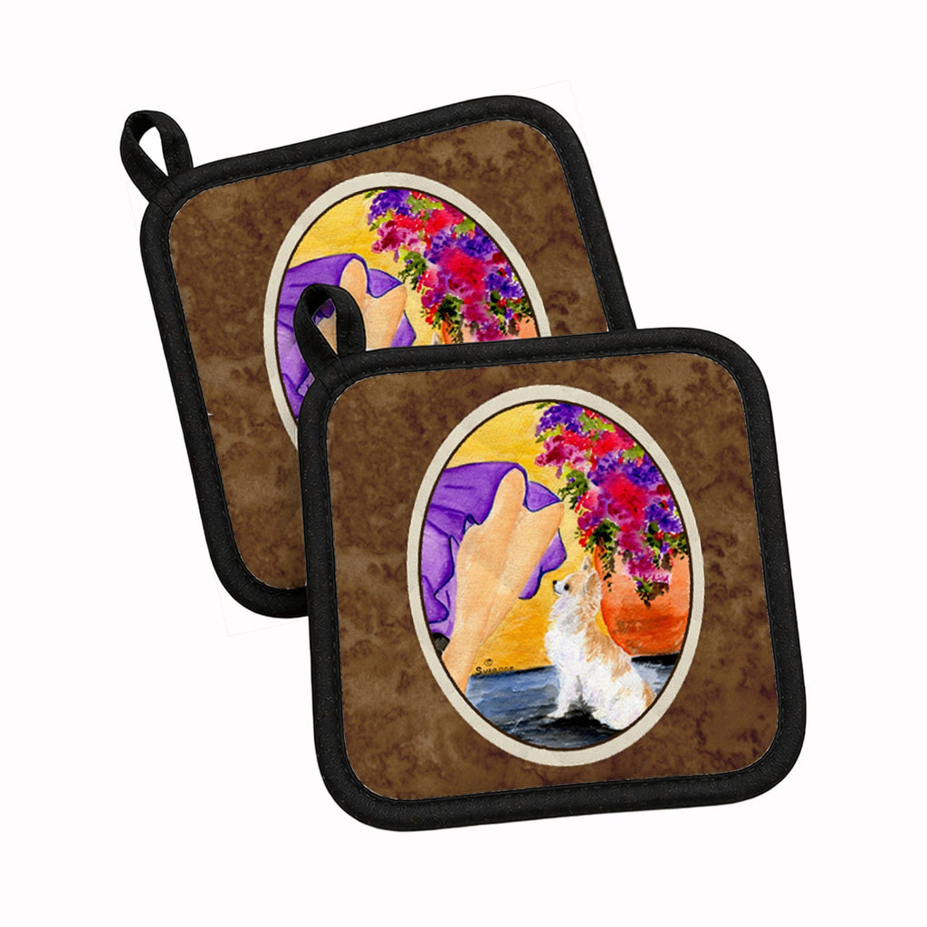 Lady with her Chihuahua Pot Holder Set of 2 Heat Resistant Quilted Hot Pads 7.5 x 7.5 Inch, Insulated Kitchen Trivets for Cooking & Baking