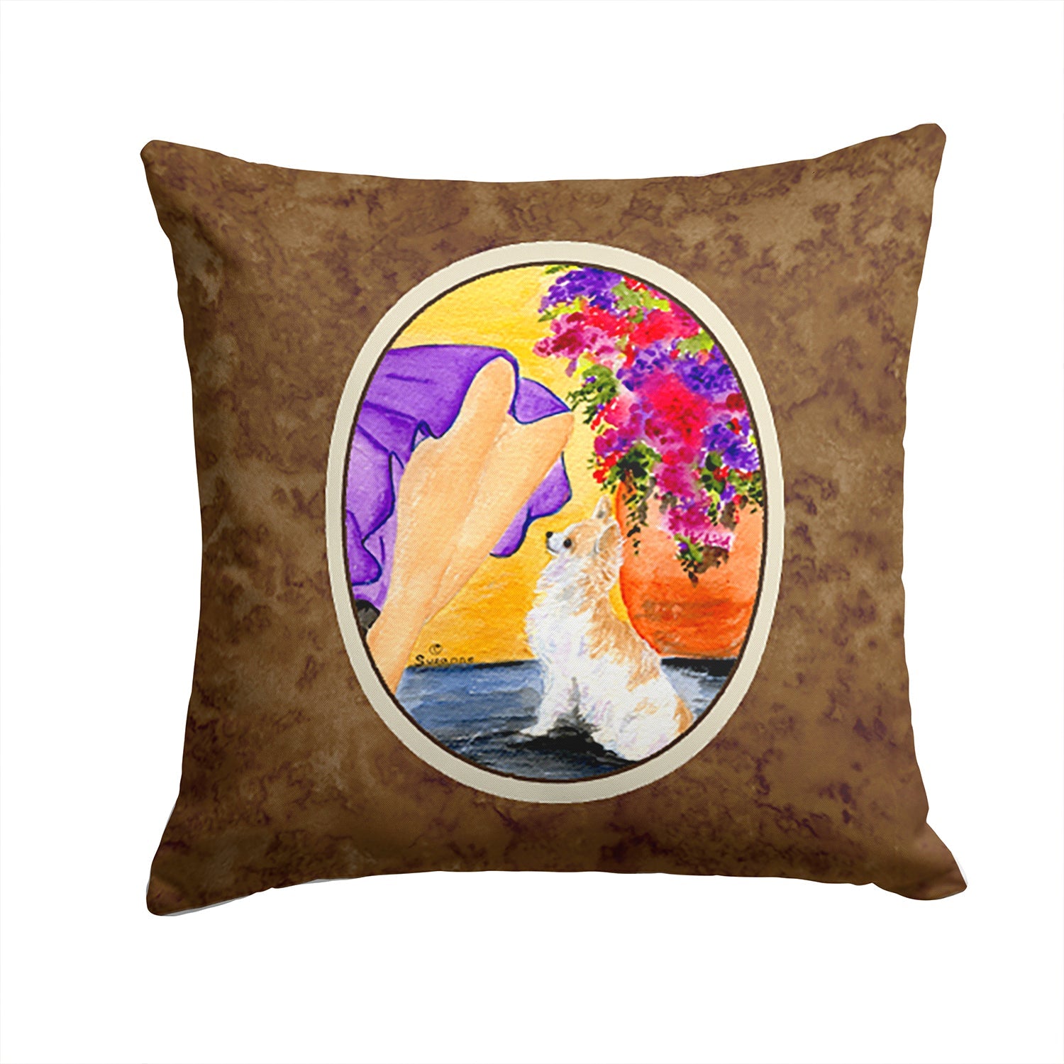 Lady with her Chihuahua Decorative Throw Pillow 14x14 Indoor Outdoor Accent Cushion, Fabric Cover with Insert for Sofa, Bed, Porch & Living Room