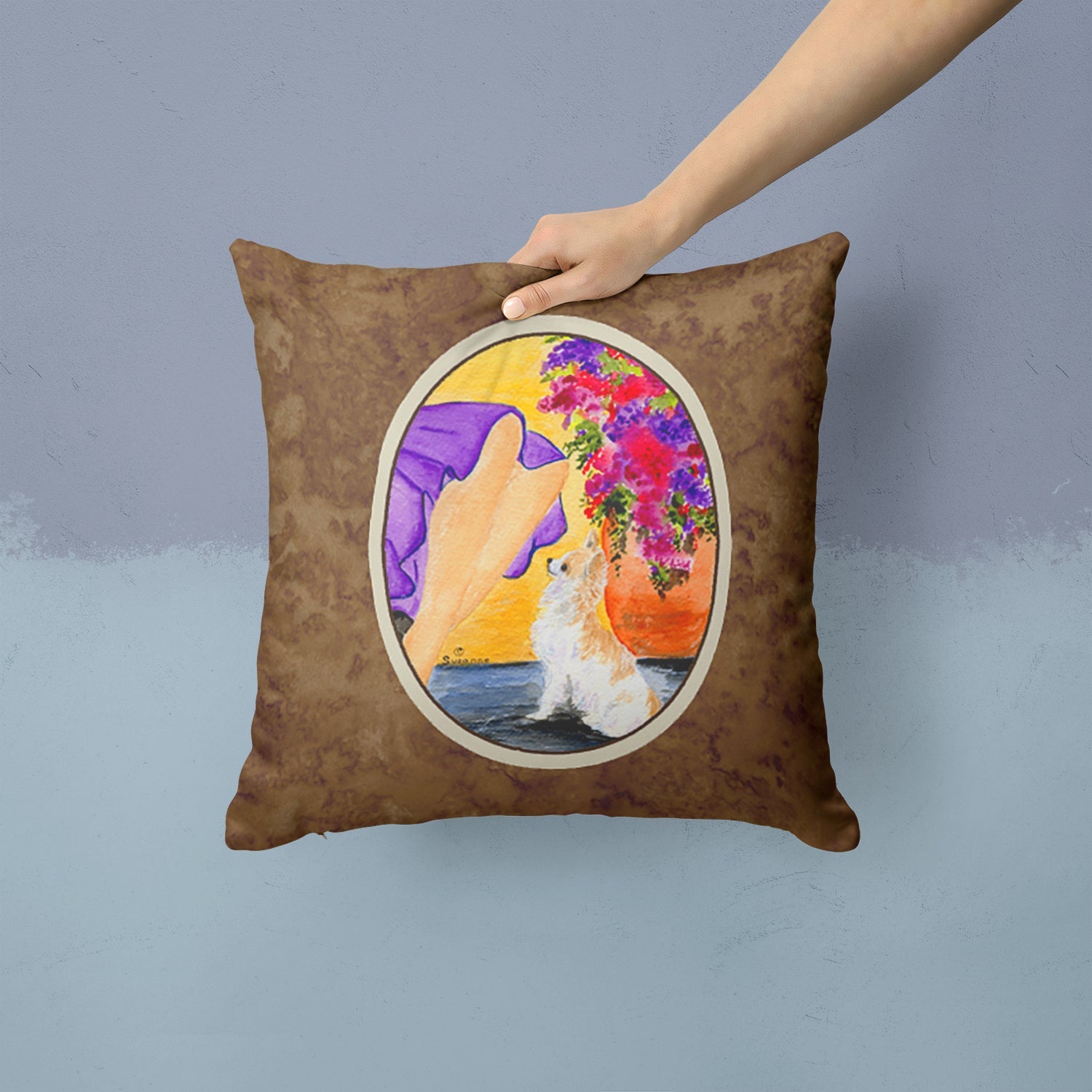 Lady with her Chihuahua Decorative Throw Pillow 14x14 Indoor Outdoor Accent Cushion, Fabric Cover with Insert for Sofa, Bed, Porch & Living Room
