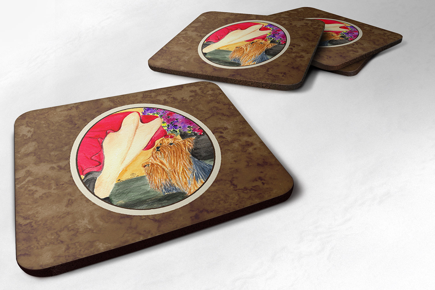 Lady with her Yorkie Foam Coasters Set of 4 Cup Coasters for Indoor Outdoor, Tabletop Protection, Anti Slip, Mouse pad Material