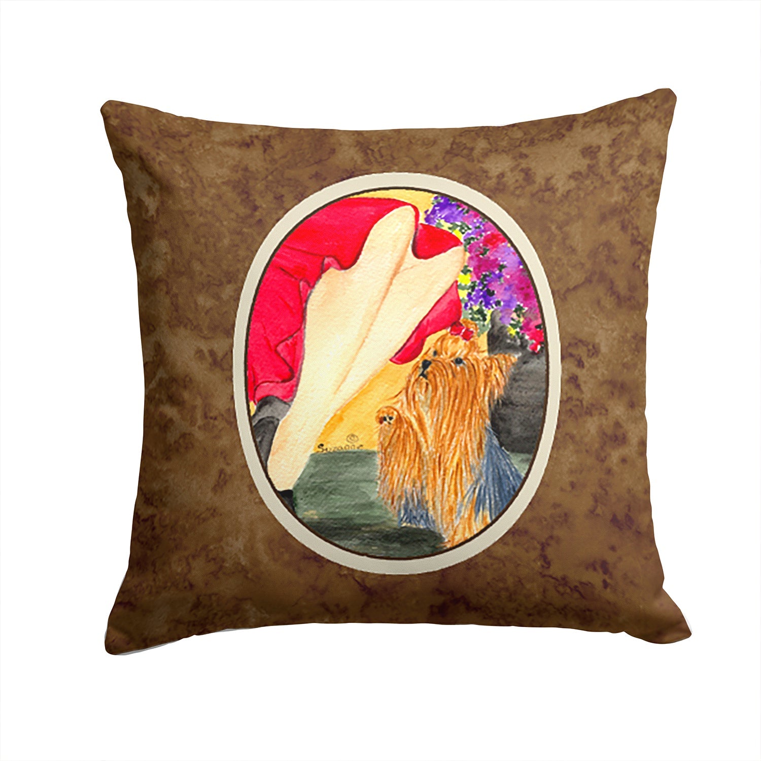 Lady with her Yorkie Decorative Throw Pillow 14x14 Indoor Outdoor Accent Cushion, Fabric Cover with Insert for Sofa, Bed, Porch & Living Room