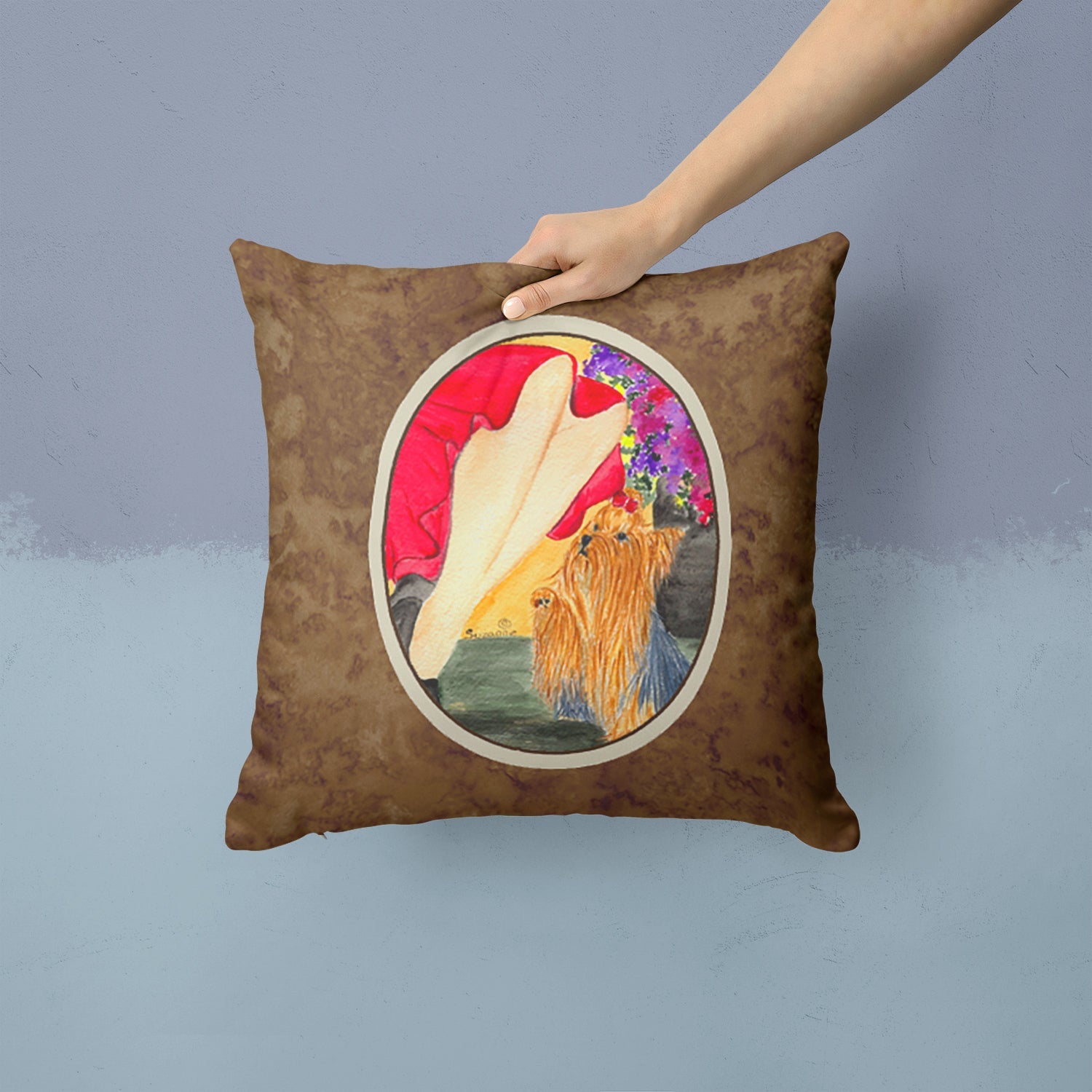 Lady with her Yorkie Decorative Throw Pillow 14x14 Indoor Outdoor Accent Cushion, Fabric Cover with Insert for Sofa, Bed, Porch & Living Room