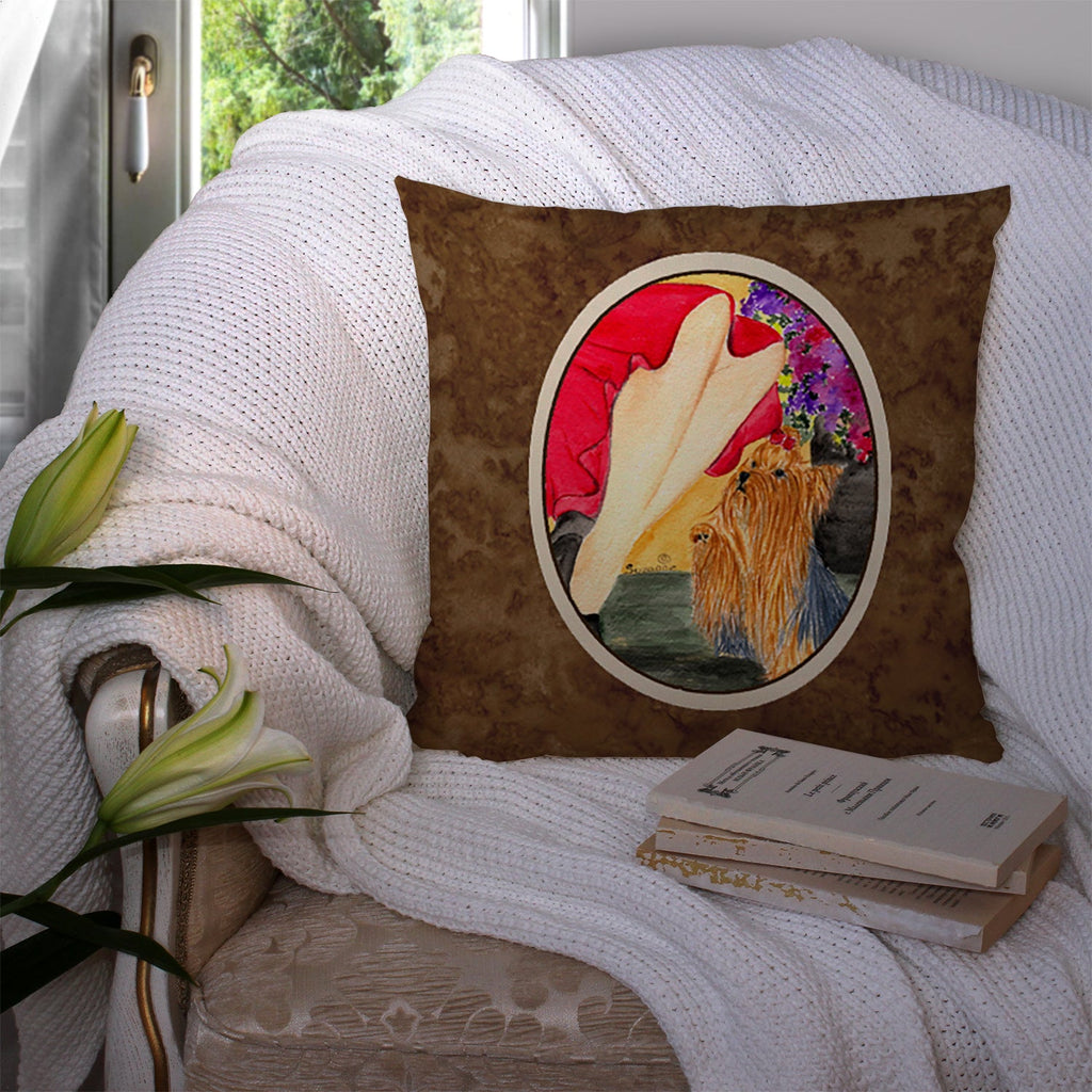 Lady with her Yorkie Decorative Throw Pillow 14x14 Indoor Outdoor Accent Cushion, Fabric Cover with Insert for Sofa, Bed, Porch & Living Room
