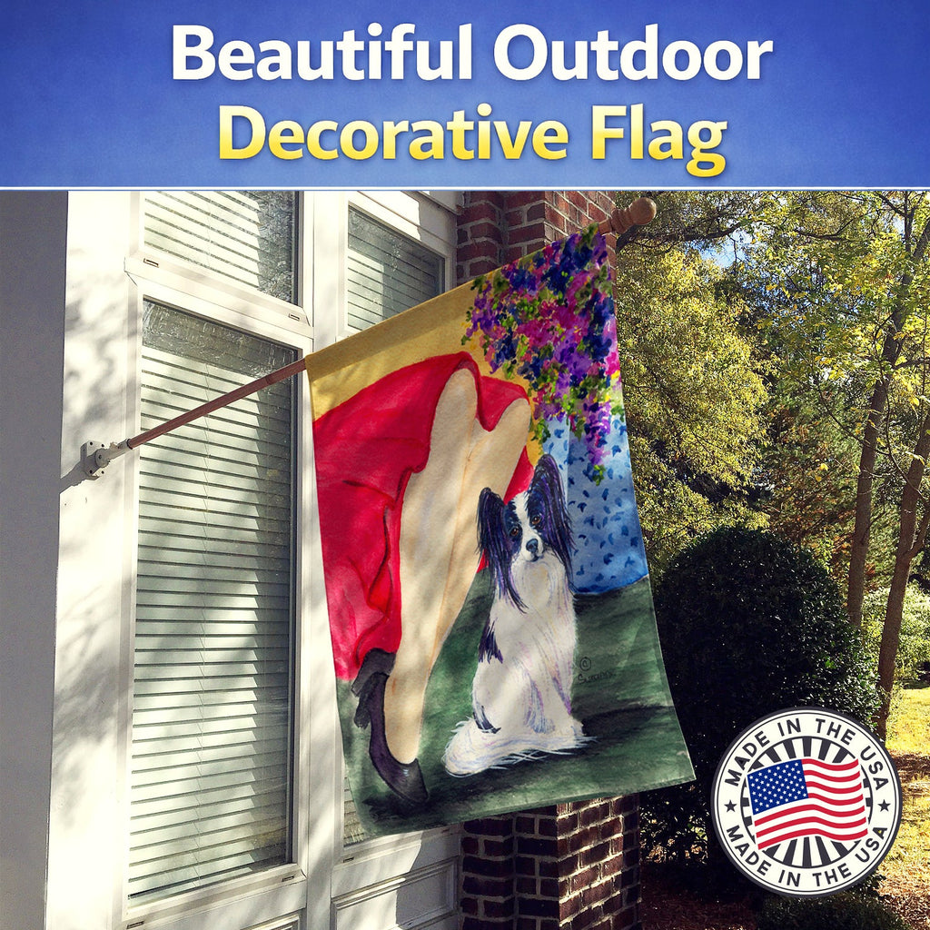 Lady with her Papillon House Flag 28x40 Porch Sleeve Pole Decorative Outside Yard Banner Artwork Wall Hanging, Polyester