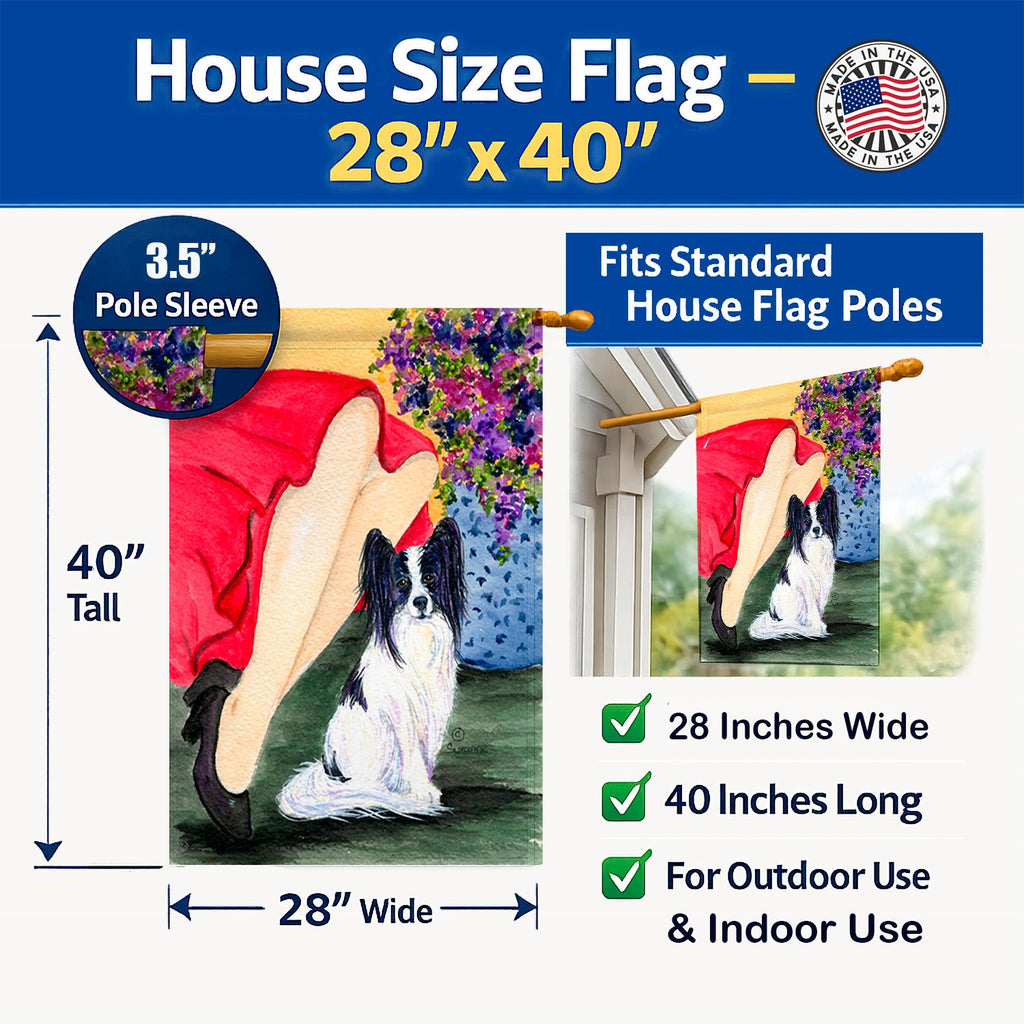 Lady with her Papillon House Flag 28x40 Porch Sleeve Pole Decorative Outside Yard Banner Artwork Wall Hanging, Polyester