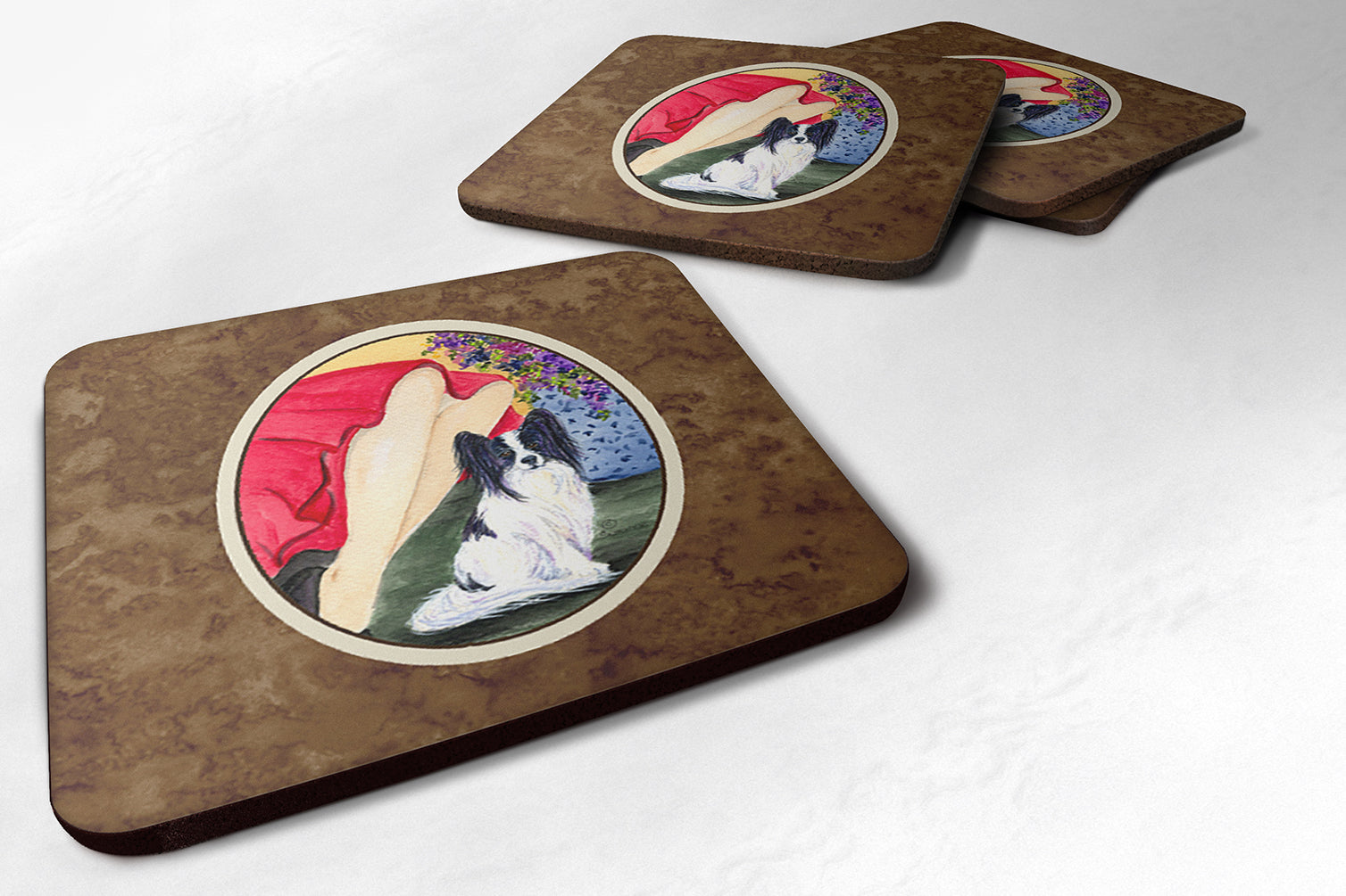Lady with her Papillon Foam Coasters Set of 4 Cup Coasters for Indoor Outdoor, Tabletop Protection, Anti Slip, Mouse pad Material