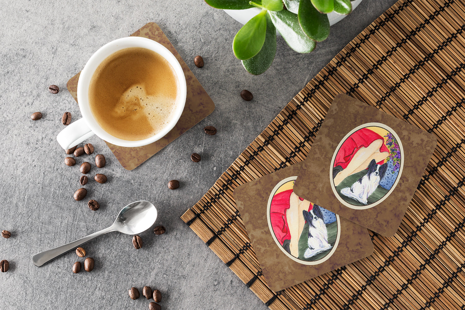 Lady with her Papillon Foam Coasters Set of 4 Cup Coasters for Indoor Outdoor, Tabletop Protection, Anti Slip, Mouse pad Material