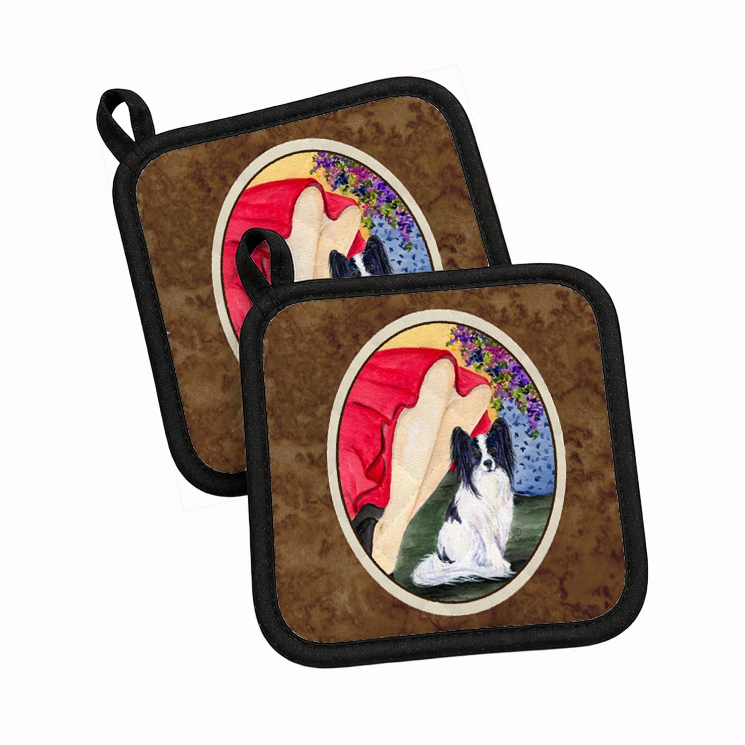 Lady with her Papillon Pot Holder Set of 2 Heat Resistant Quilted Hot Pads 7.5 x 7.5 Inch, Insulated Kitchen Trivets for Cooking & Baking