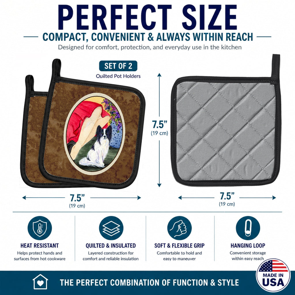 Lady with her Papillon Pot Holder Set of 2 Heat Resistant Quilted Hot Pads 7.5 x 7.5 Inch, Insulated Kitchen Trivets for Cooking & Baking