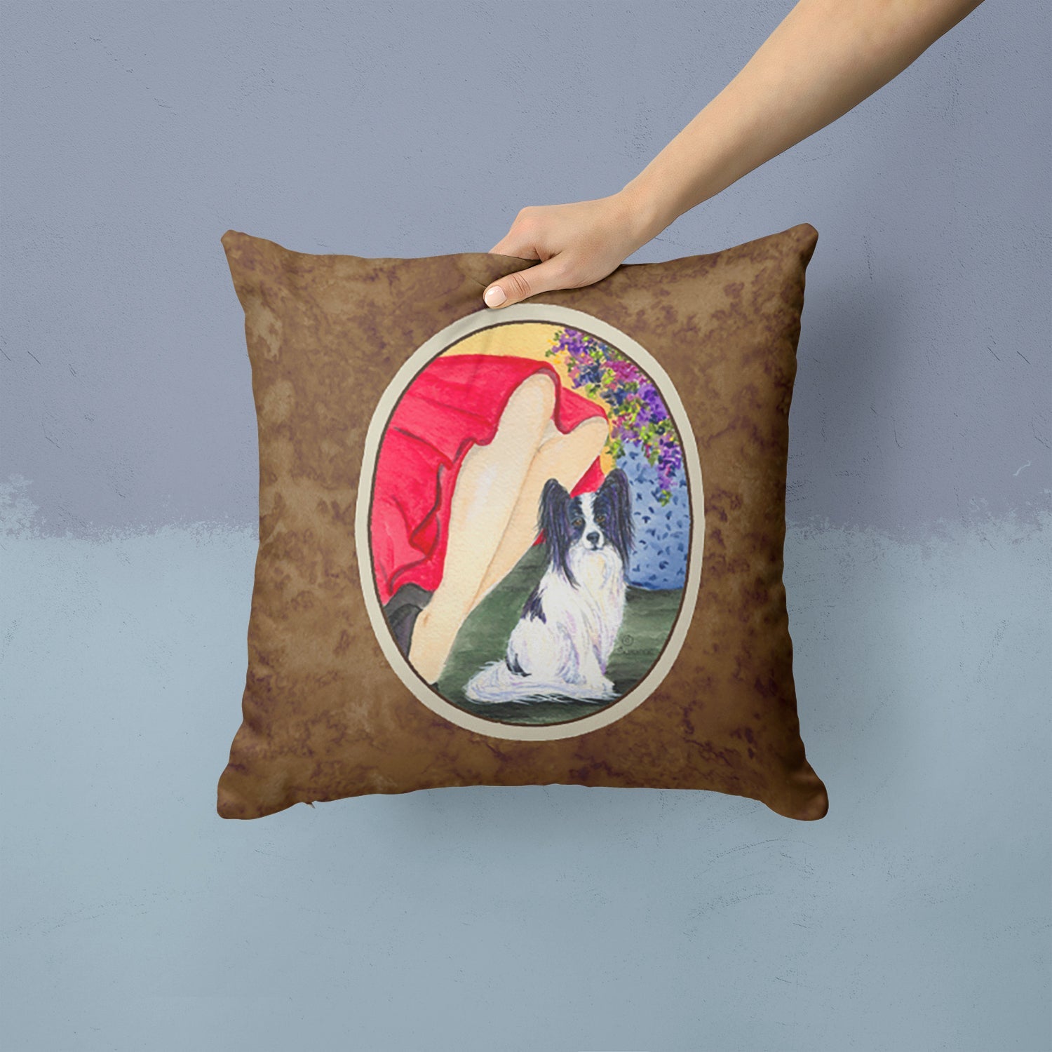 Lady with her Papillon Decorative Throw Pillow 14x14 Indoor Outdoor Accent Cushion, Fabric Cover with Insert for Sofa, Bed, Porch & Living Room