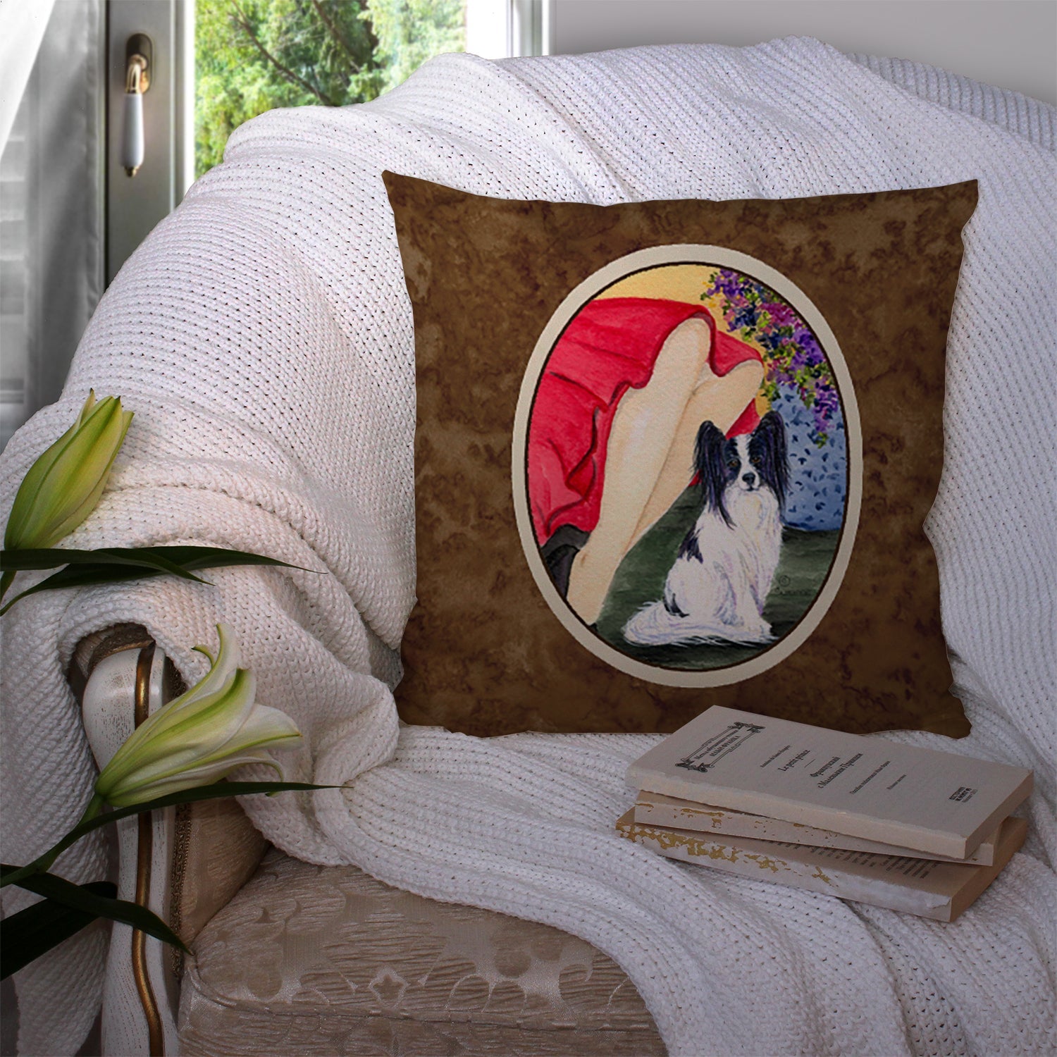 Lady with her Papillon Decorative Throw Pillow 14x14 Indoor Outdoor Accent Cushion, Fabric Cover with Insert for Sofa, Bed, Porch & Living Room