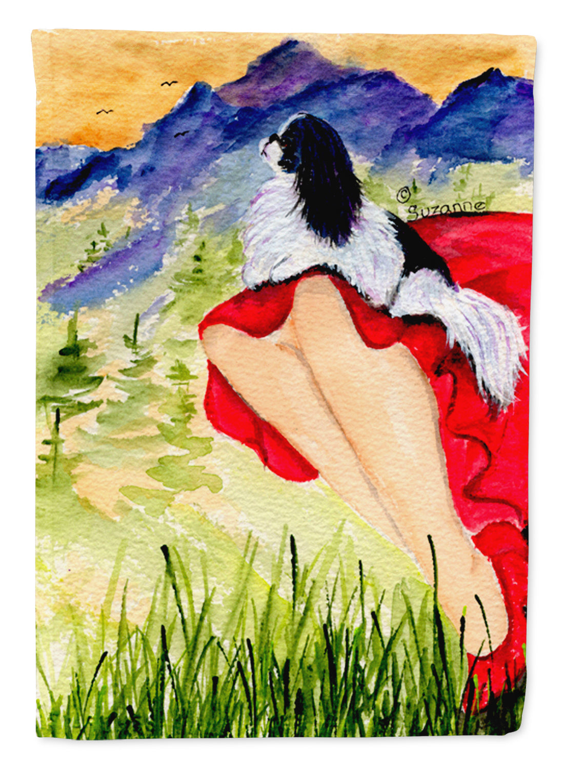 Lady with her Japanese Chin House Flag 28x40 Porch Sleeve Pole Decorative Outside Yard Banner Artwork Wall Hanging, Polyester