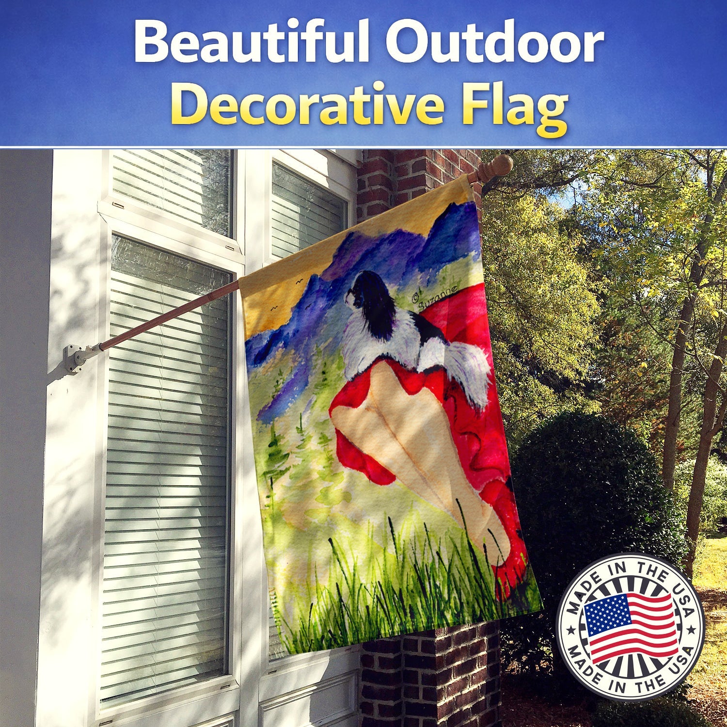 Lady with her Japanese Chin House Flag 28x40 Porch Sleeve Pole Decorative Outside Yard Banner Artwork Wall Hanging, Polyester