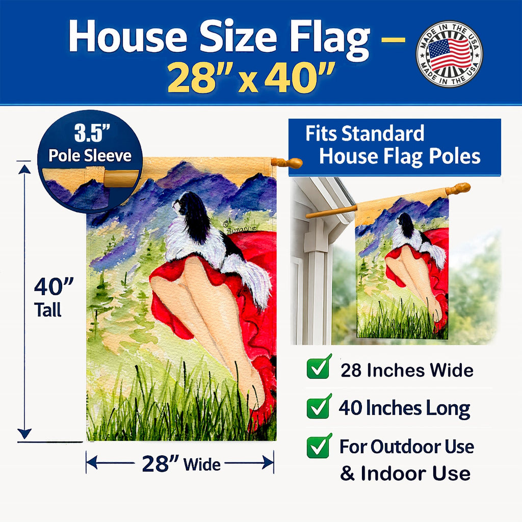 Lady with her Japanese Chin House Flag 28x40 Porch Sleeve Pole Decorative Outside Yard Banner Artwork Wall Hanging, Polyester