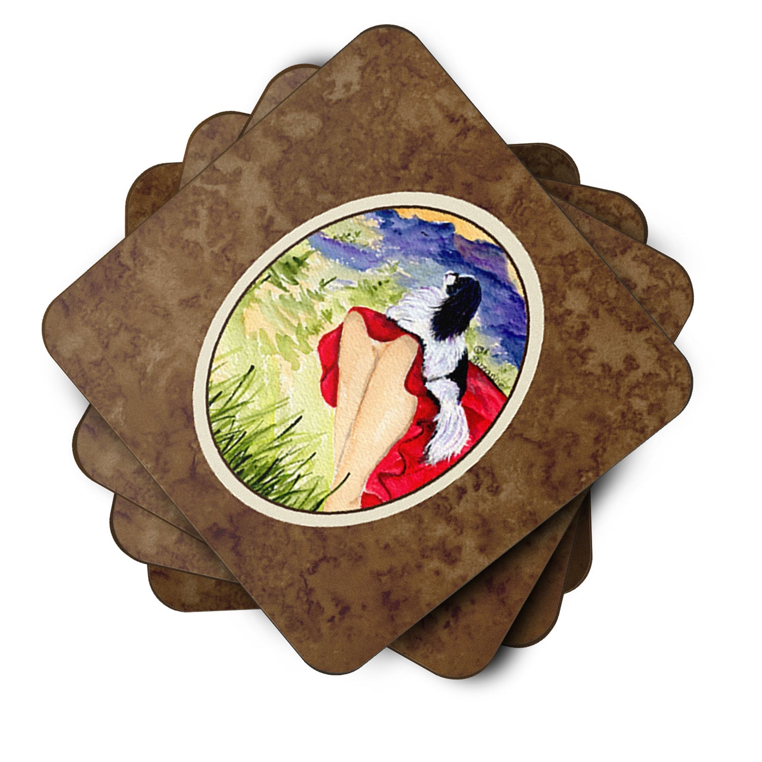Lady with her Japanese Chin Foam Coasters Set of 4 Cup Coasters for Indoor Outdoor, Tabletop Protection, Anti Slip, Mouse pad Material