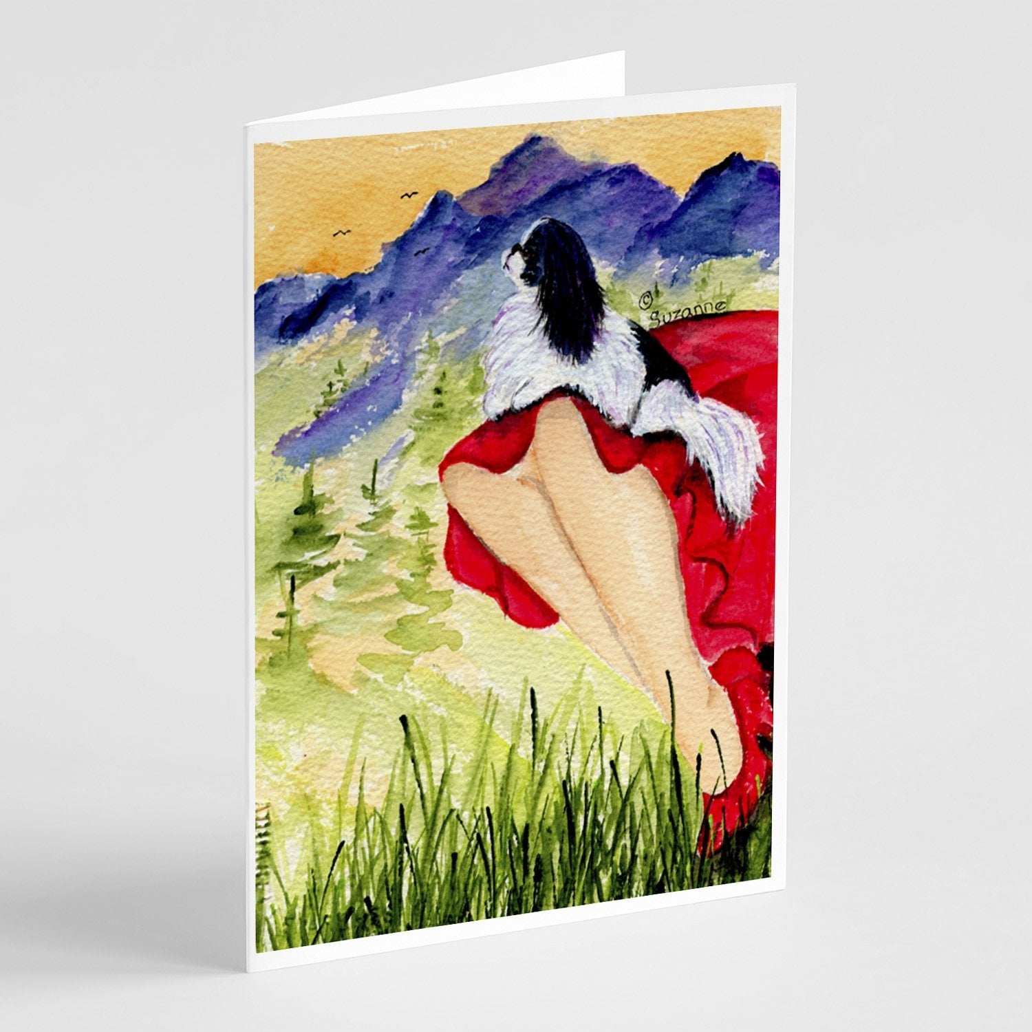 Lady with her Japanese Chin Greeting Cards Pack of 8 Blank Cards with Envelopes Whimsical A7 Size 5x7