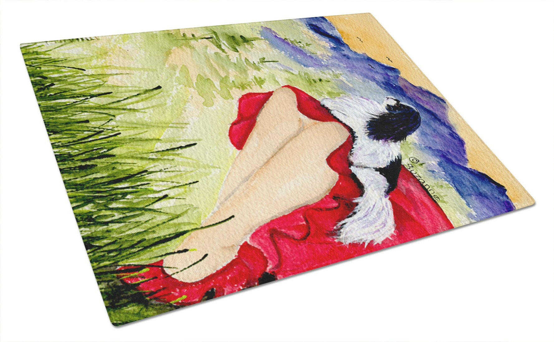 Lady with her Japanese Chin Cutting Board Tempered Glass Kitchen Cutting Surface, Heat Resistant Chopping, Non-Slip Feet, Food Prep & Serving