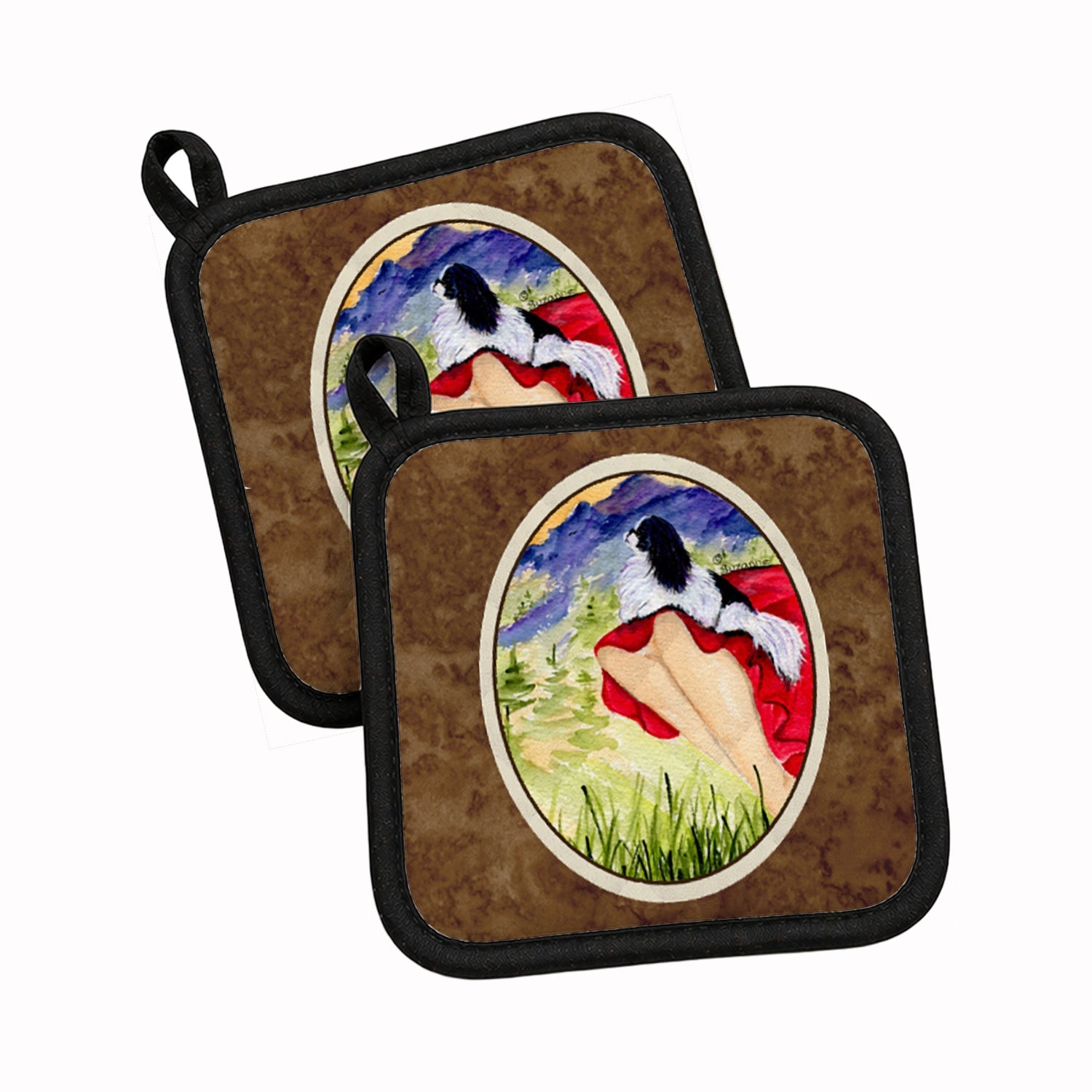 Lady with her Japanese Chin Pot Holder Set of 2 Heat Resistant Quilted Hot Pads 7.5 x 7.5 Inch, Insulated Kitchen Trivets for Cooking & Baking