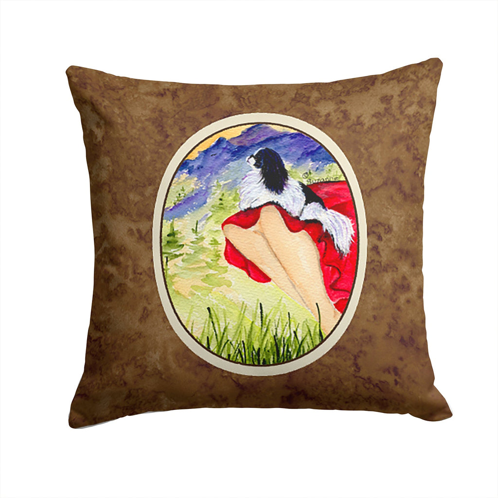 Lady with her Japanese Chin Decorative Throw Pillow 14x14 Indoor Outdoor Accent Cushion, Fabric Cover with Insert for Sofa, Bed, Porch & Living Room