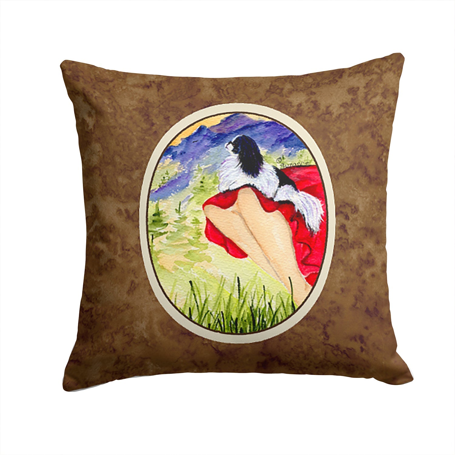 Lady with her Japanese Chin Decorative Throw Pillow 14x14 Indoor Outdoor Accent Cushion, Fabric Cover with Insert for Sofa, Bed, Porch & Living Room