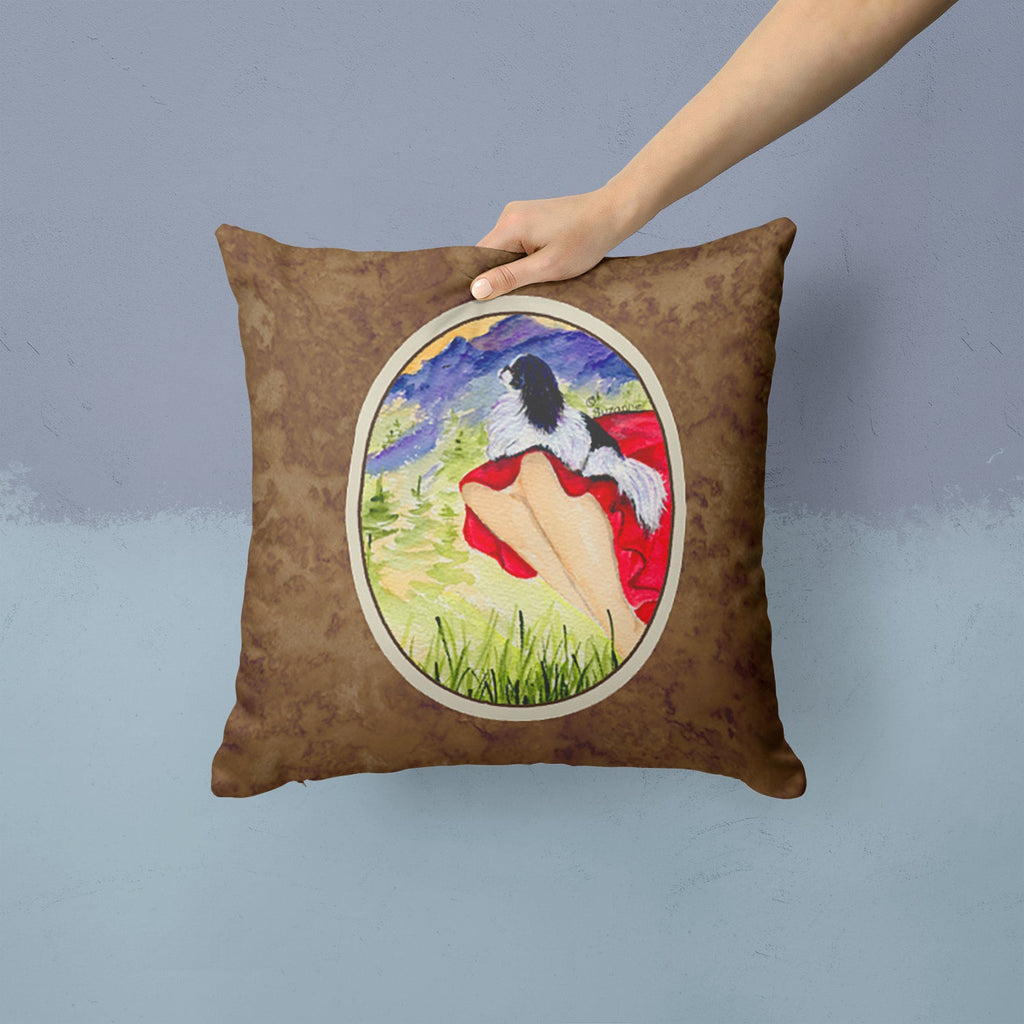 Lady with her Japanese Chin Decorative Throw Pillow 14x14 Indoor Outdoor Accent Cushion, Fabric Cover with Insert for Sofa, Bed, Porch & Living Room