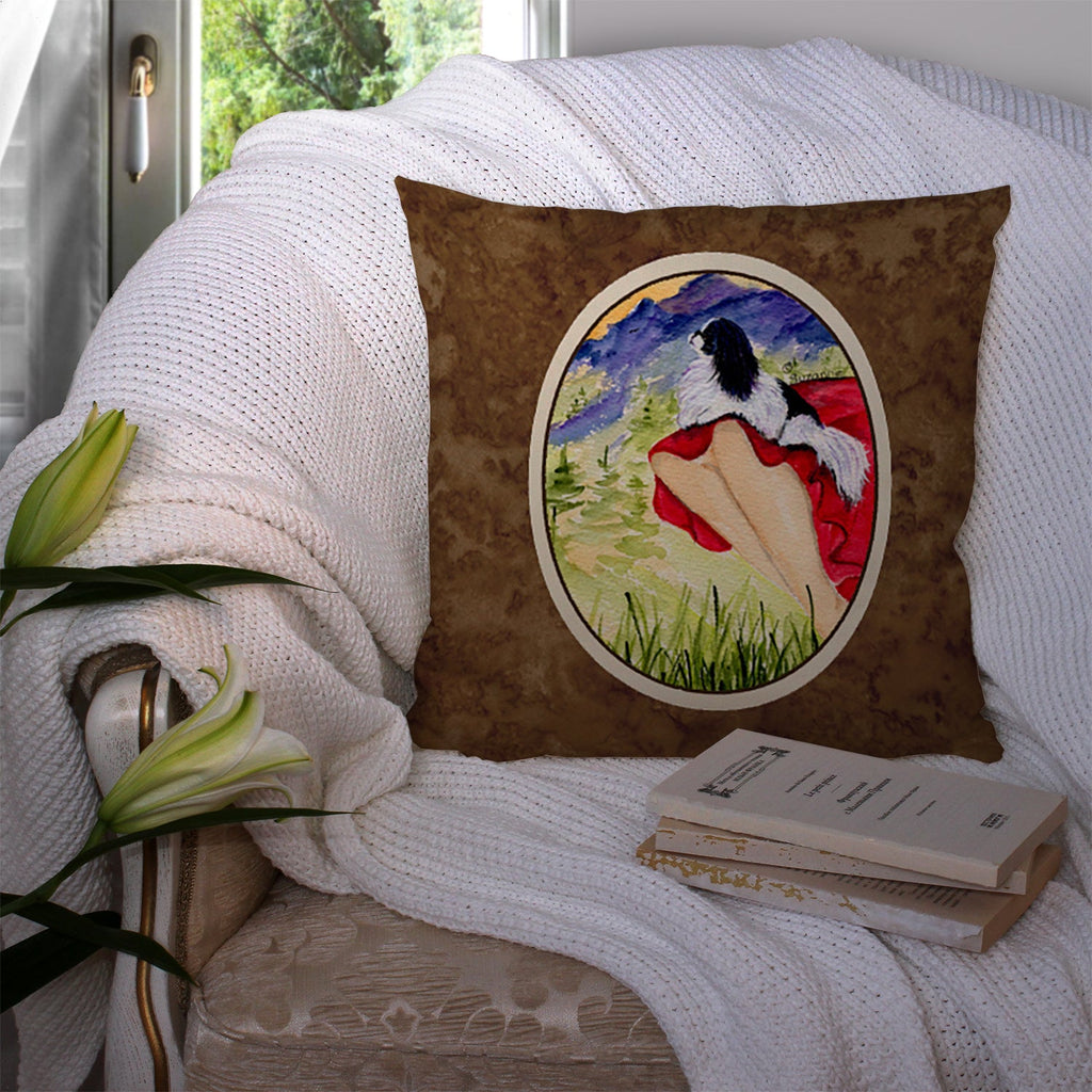 Lady with her Japanese Chin Decorative Throw Pillow 14x14 Indoor Outdoor Accent Cushion, Fabric Cover with Insert for Sofa, Bed, Porch & Living Room