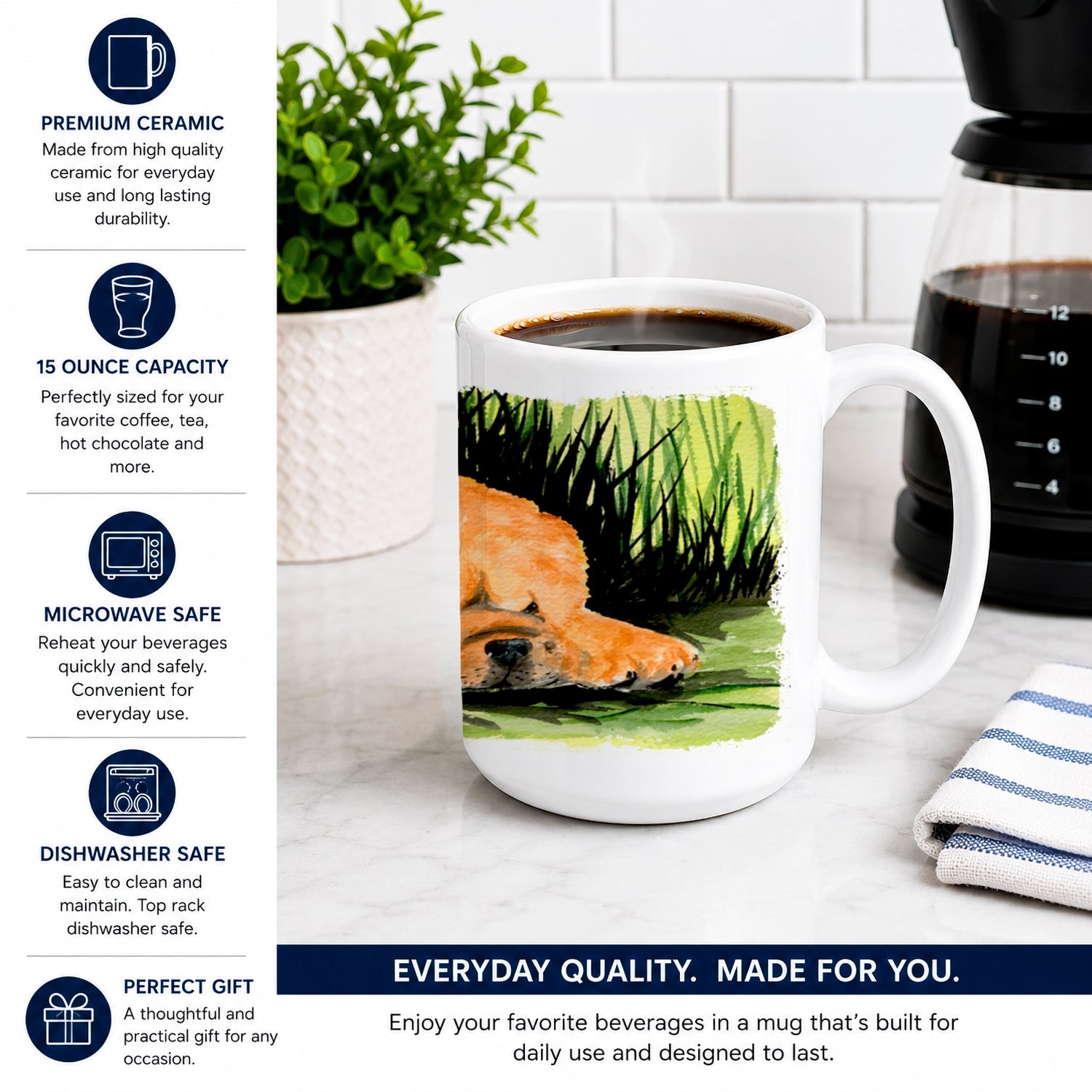 Chow Chow Ceramic Coffee Mug 15 oz Decorative Large C Handle Mug Cup for Tea, Cocoa Hot Chocolate