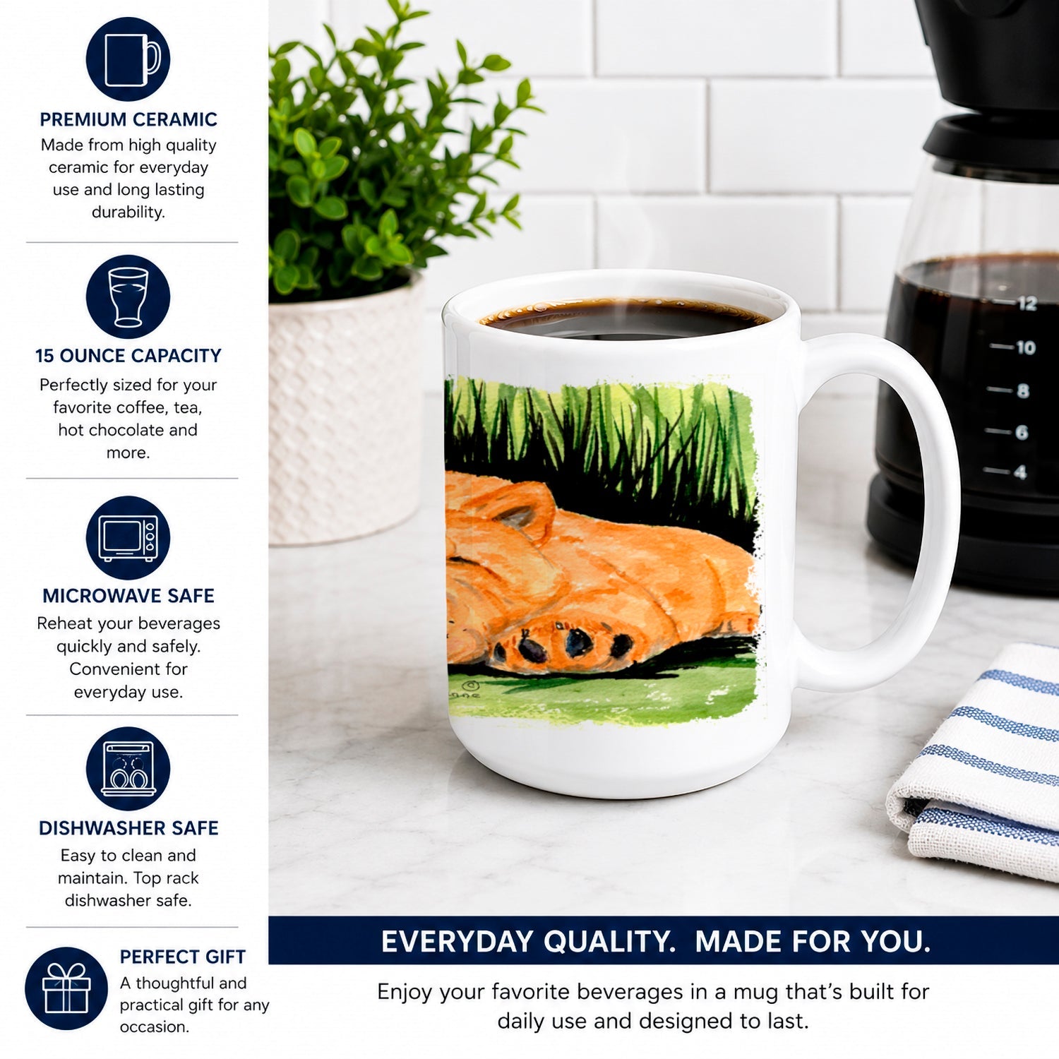 Chow Chow Ceramic Coffee Mug 15 oz Decorative Large C Handle Mug Cup for Tea, Cocoa Hot Chocolate