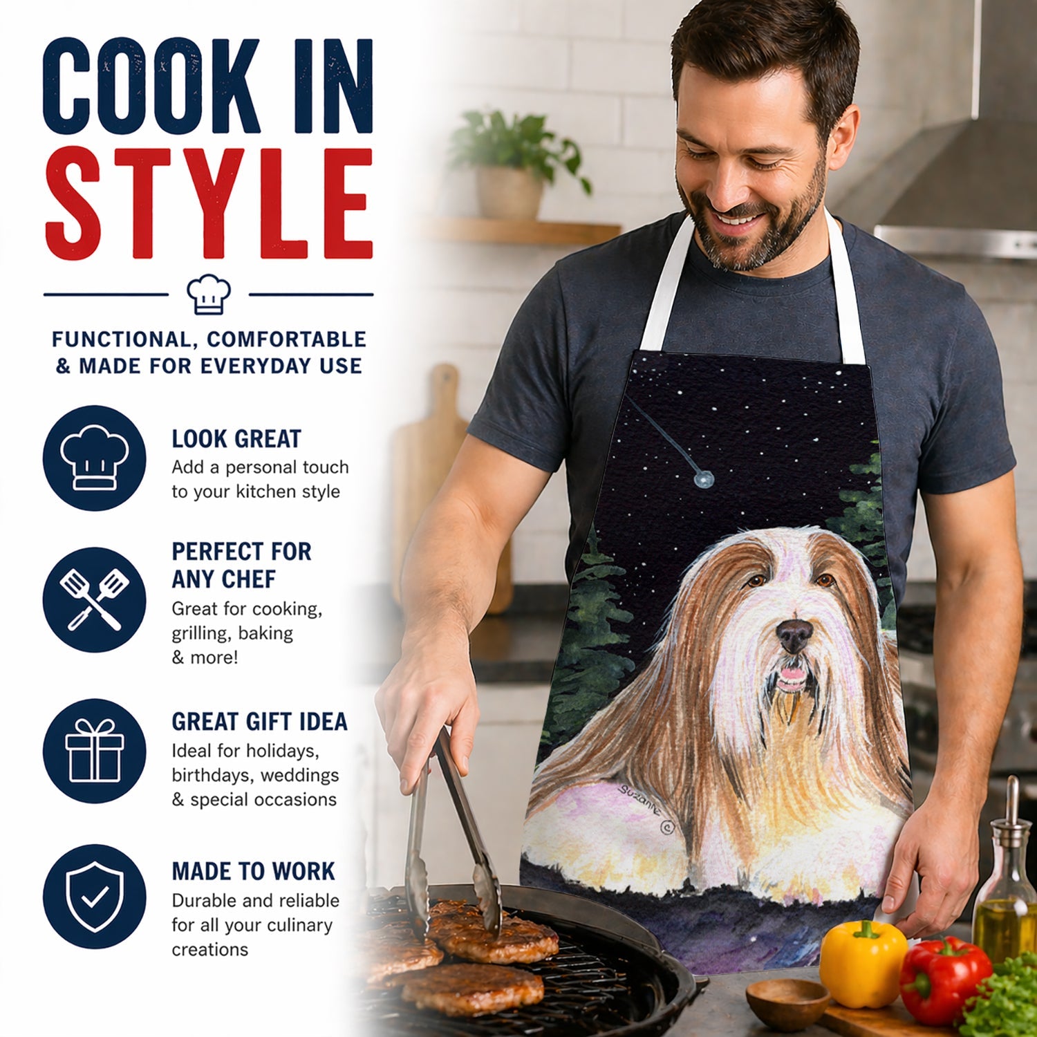 Starry Night Bearded Collie Apron Cooking Kitchen Server Baking Crafts Gardening for Adult Women Men, Unisex, Large, Multicolor