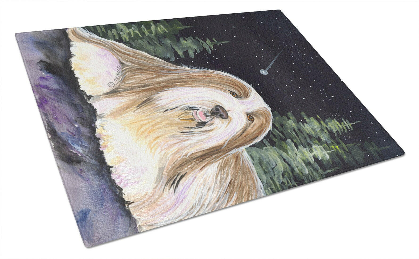 Starry Night Bearded Collie Cutting Board Tempered Glass Kitchen Cutting Surface, Heat Resistant Chopping, Non-Slip Feet, Food Prep & Serving