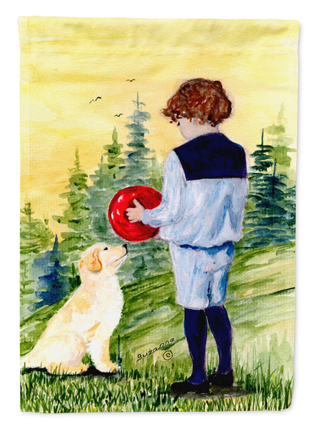 Little Boy with his Golden Retriever House Flag 28x40 Porch Sleeve Pole Decorative Outside Yard Banner Artwork Wall Hanging, Polyester