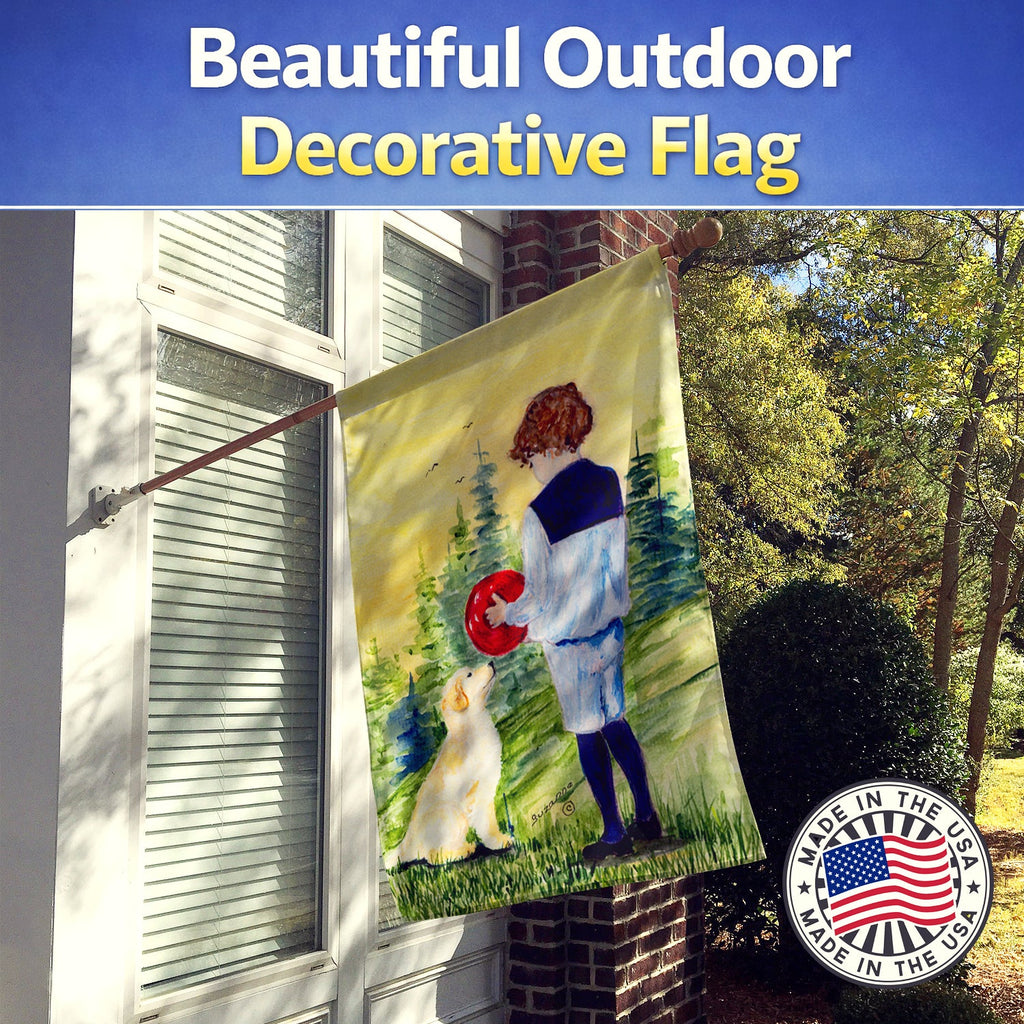 Little Boy with his Golden Retriever House Flag 28x40 Porch Sleeve Pole Decorative Outside Yard Banner Artwork Wall Hanging, Polyester
