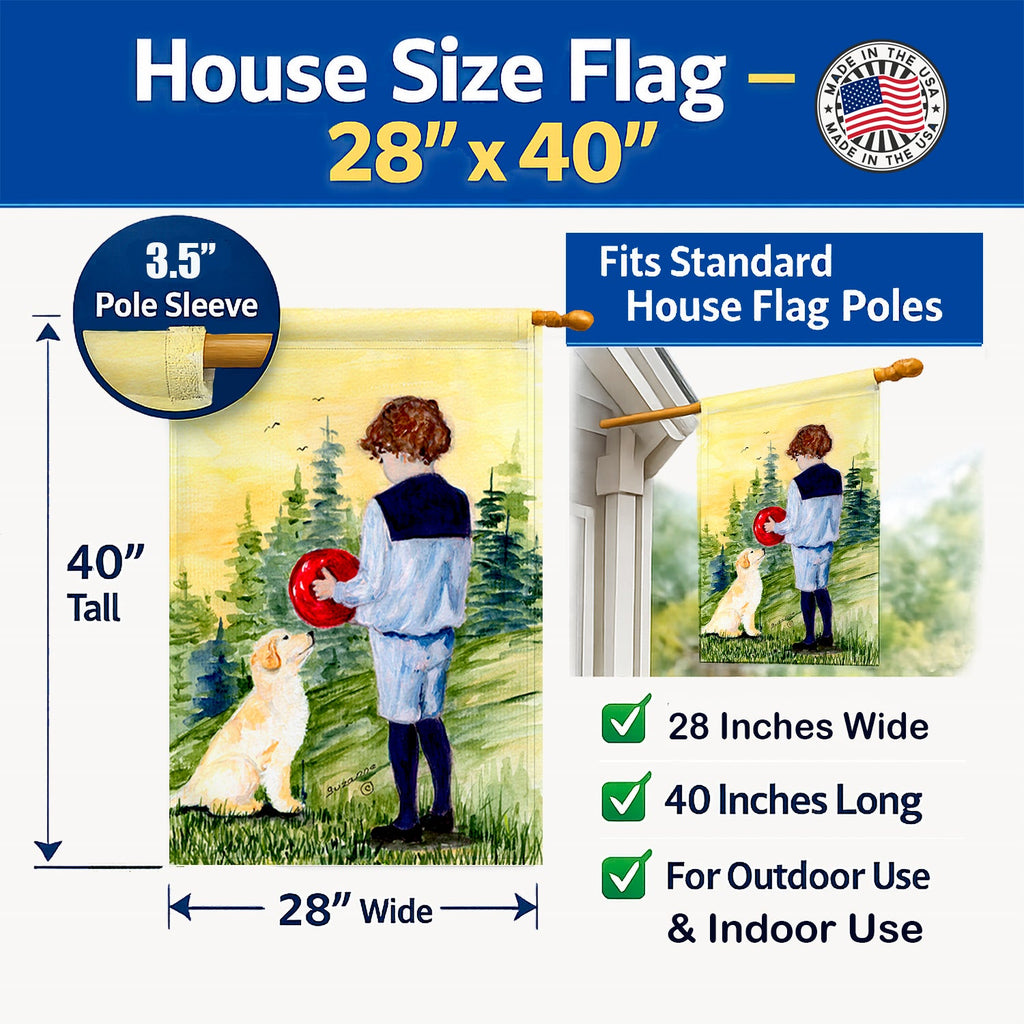 Little Boy with his Golden Retriever House Flag 28x40 Porch Sleeve Pole Decorative Outside Yard Banner Artwork Wall Hanging, Polyester