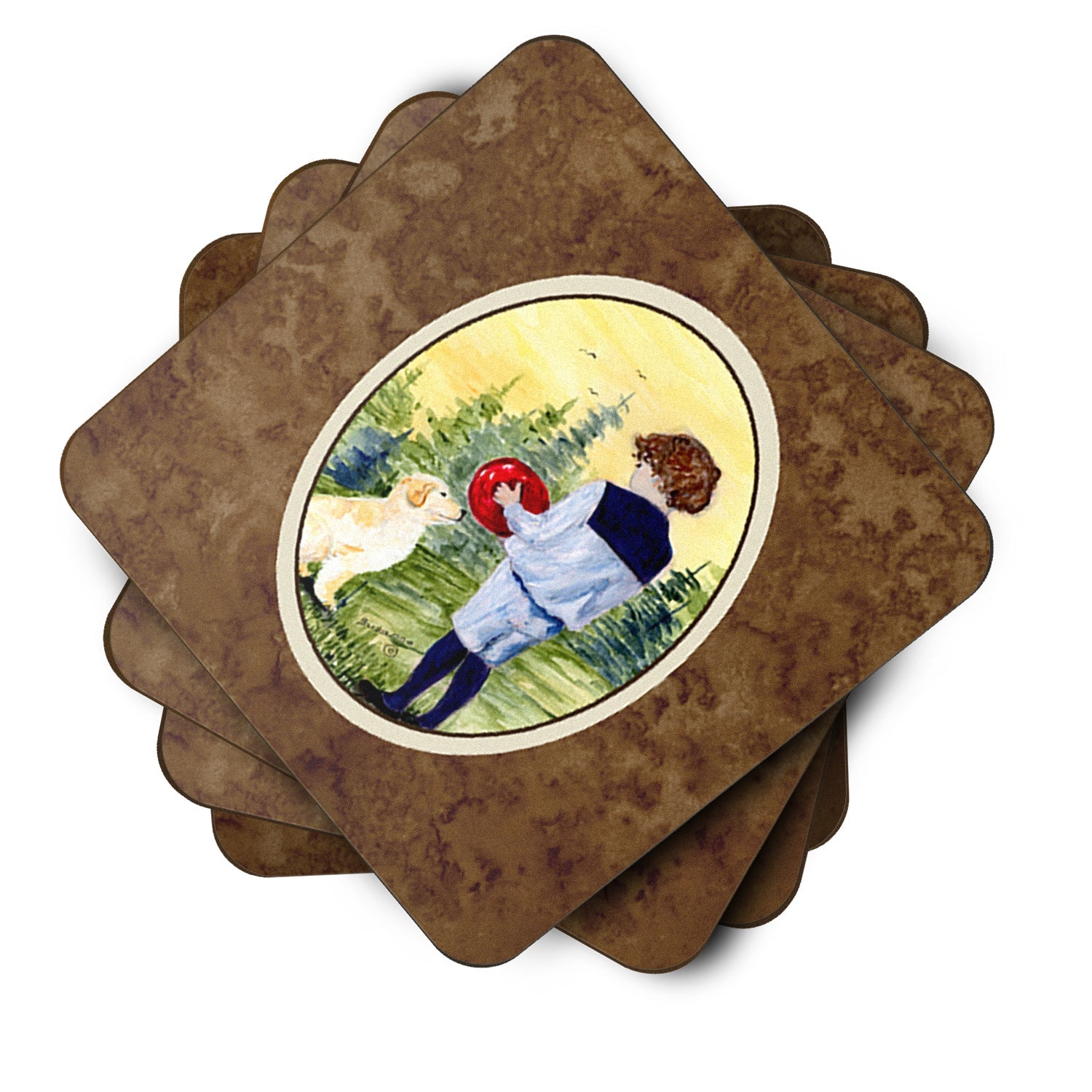 Little Boy with his Golden Retriever Foam Coasters Set of 4 Cup Coasters for Indoor Outdoor, Tabletop Protection, Anti Slip, Mouse pad Material