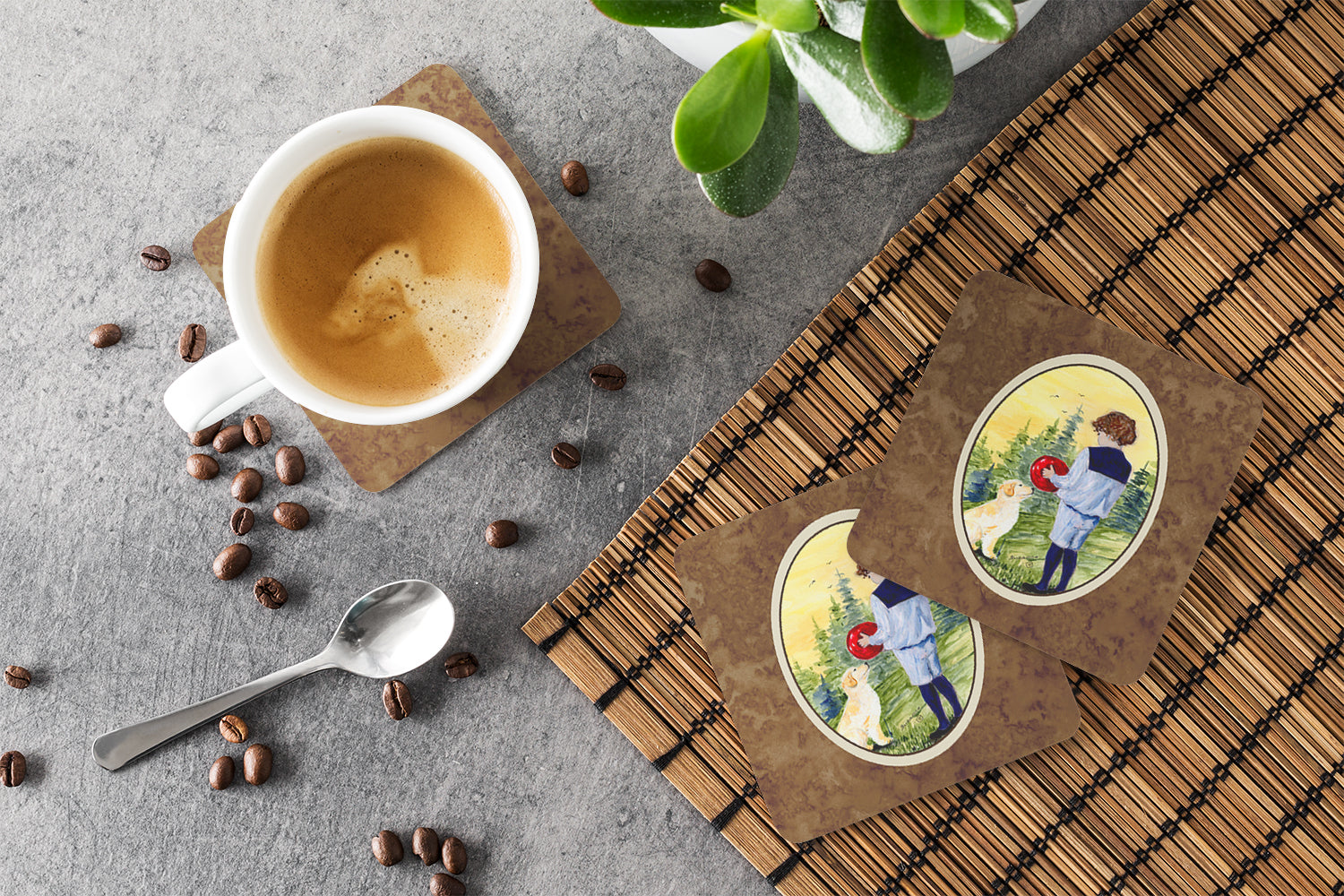 Little Boy with his Golden Retriever Foam Coasters Set of 4 Cup Coasters for Indoor Outdoor, Tabletop Protection, Anti Slip, Mouse pad Material