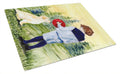 Little Boy with his Golden Retriever Cutting Board Tempered Glass Kitchen Cutting Surface, Heat Resistant Chopping, Non-Slip Feet, Food Prep & Serving