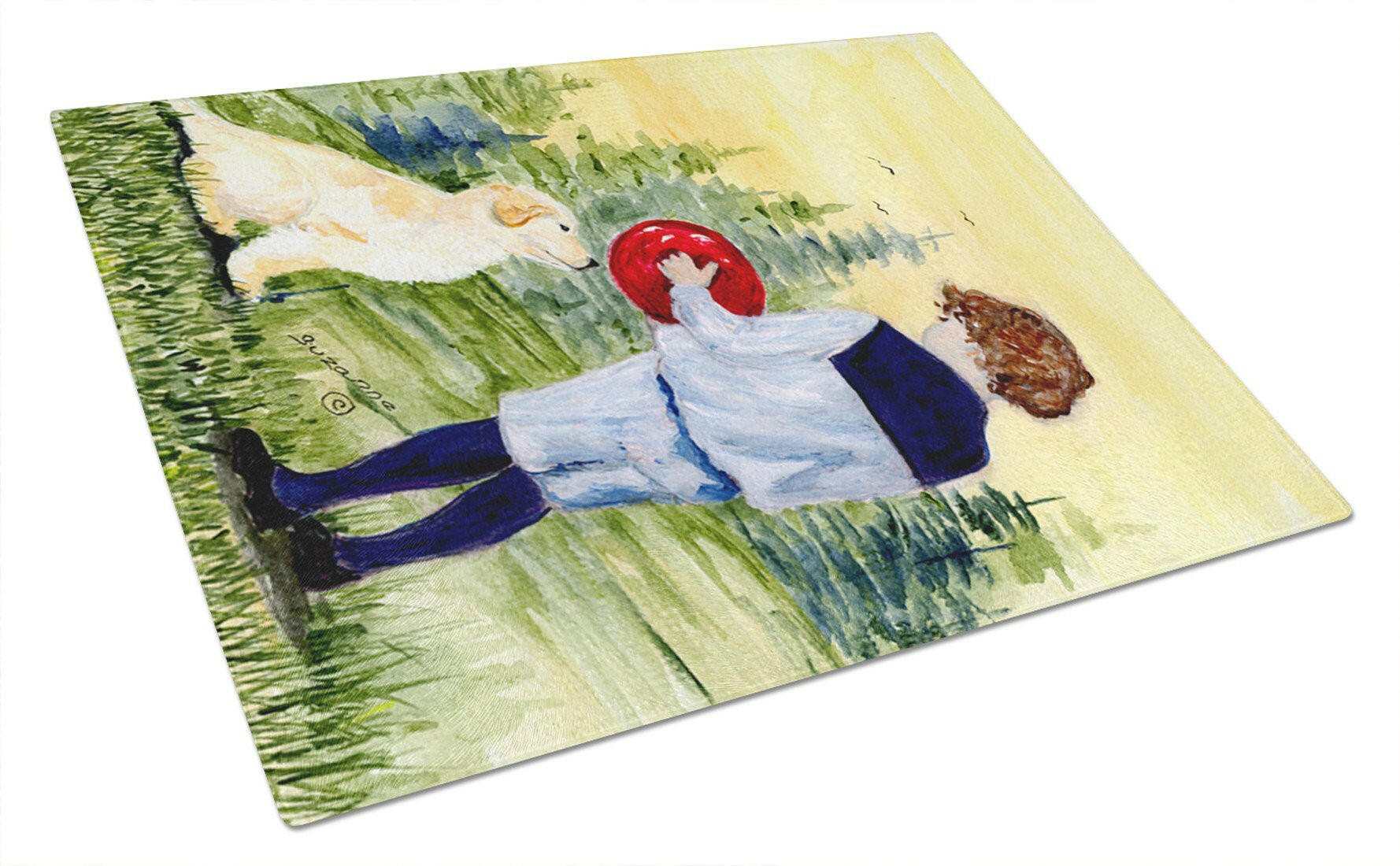 Little Boy with his Golden Retriever Cutting Board Tempered Glass Kitchen Cutting Surface, Heat Resistant Chopping, Non-Slip Feet, Food Prep & Serving