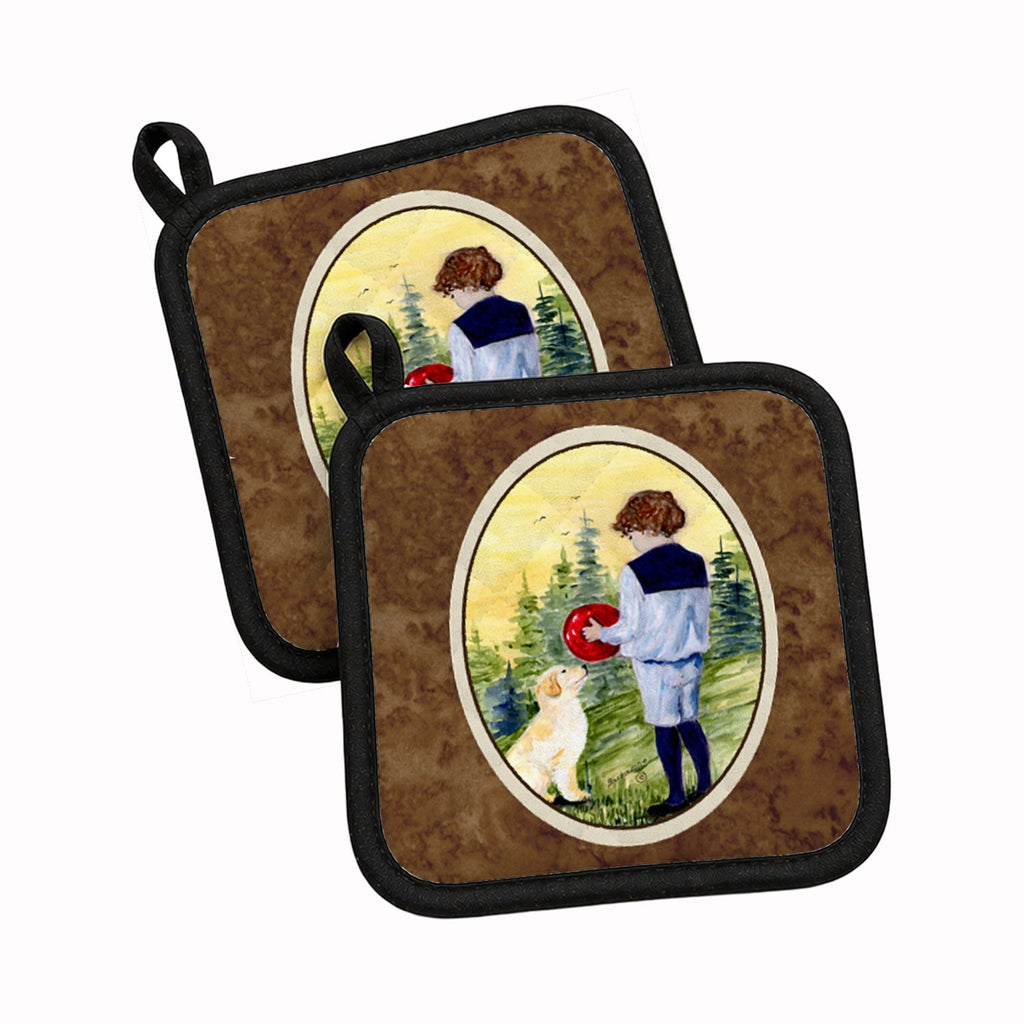 Little Boy with his Golden Retriever Pot Holder Set of 2 Heat Resistant Quilted Hot Pads 7.5 x 7.5 Inch, Insulated Kitchen Trivets for Cooking & Baking