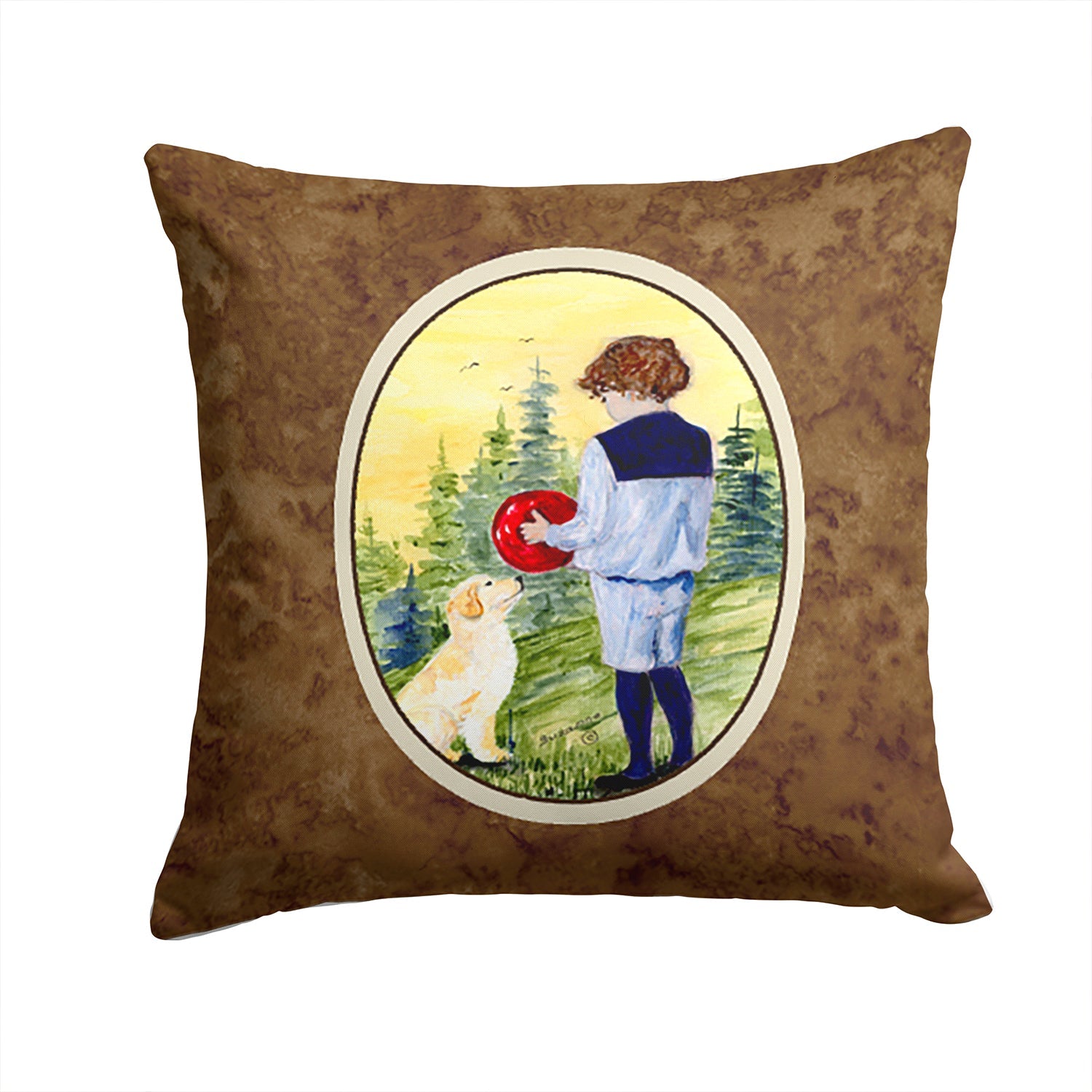 Little Boy with his Golden Retriever Decorative Throw Pillow 14x14 Indoor Outdoor Accent Cushion, Fabric Cover with Insert for Sofa, Bed, Porch & Living Room
