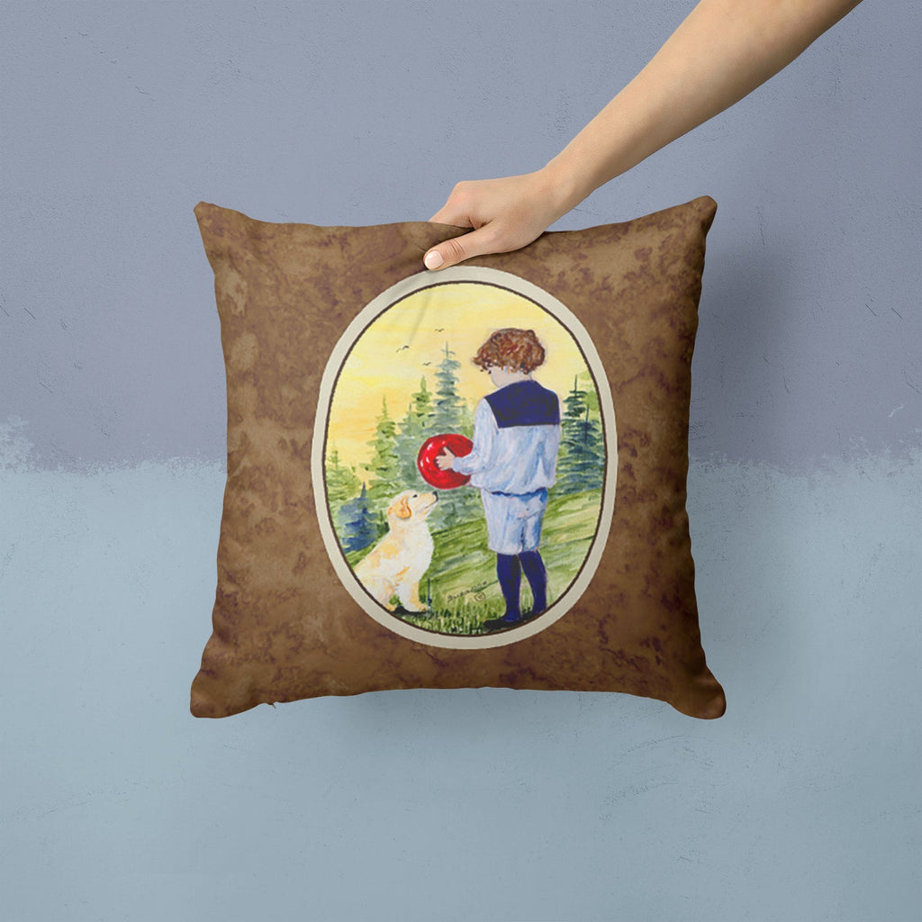 Little Boy with his Golden Retriever Decorative Throw Pillow 14x14 Indoor Outdoor Accent Cushion, Fabric Cover with Insert for Sofa, Bed, Porch & Living Room