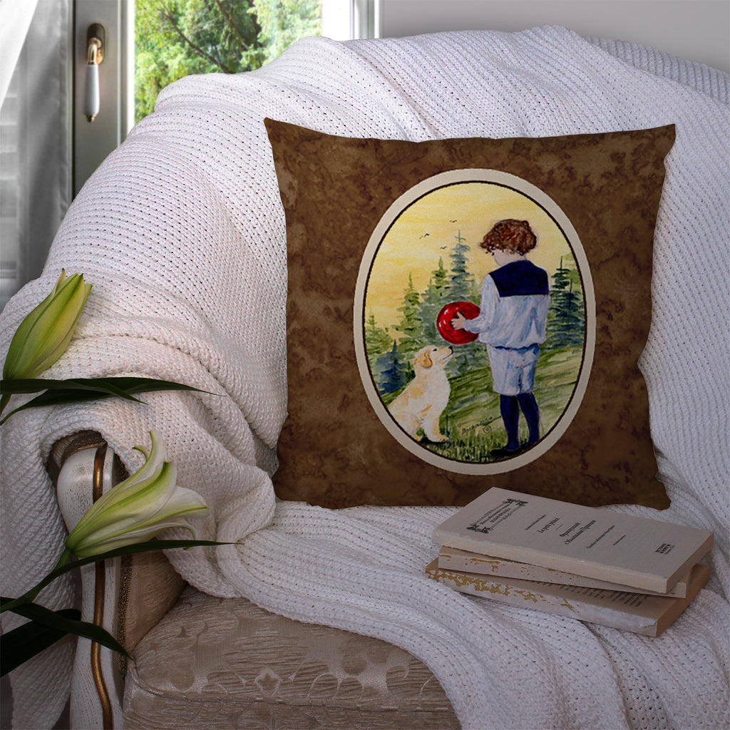 Little Boy with his Golden Retriever Decorative Throw Pillow 14x14 Indoor Outdoor Accent Cushion, Fabric Cover with Insert for Sofa, Bed, Porch & Living Room