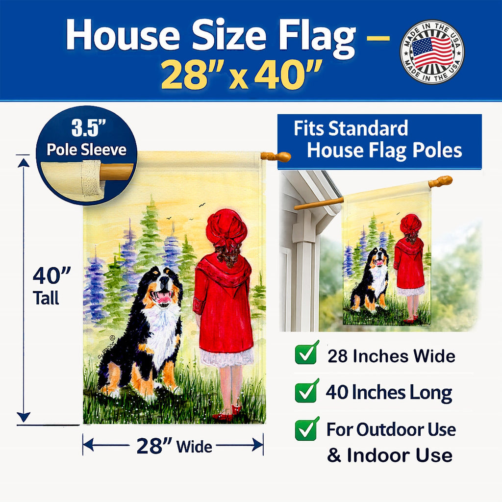 Little Girl with her Bernese Mountain Dog House Flag 28x40 Porch Sleeve Pole Decorative Outside Yard Banner Artwork Wall Hanging, Polyester