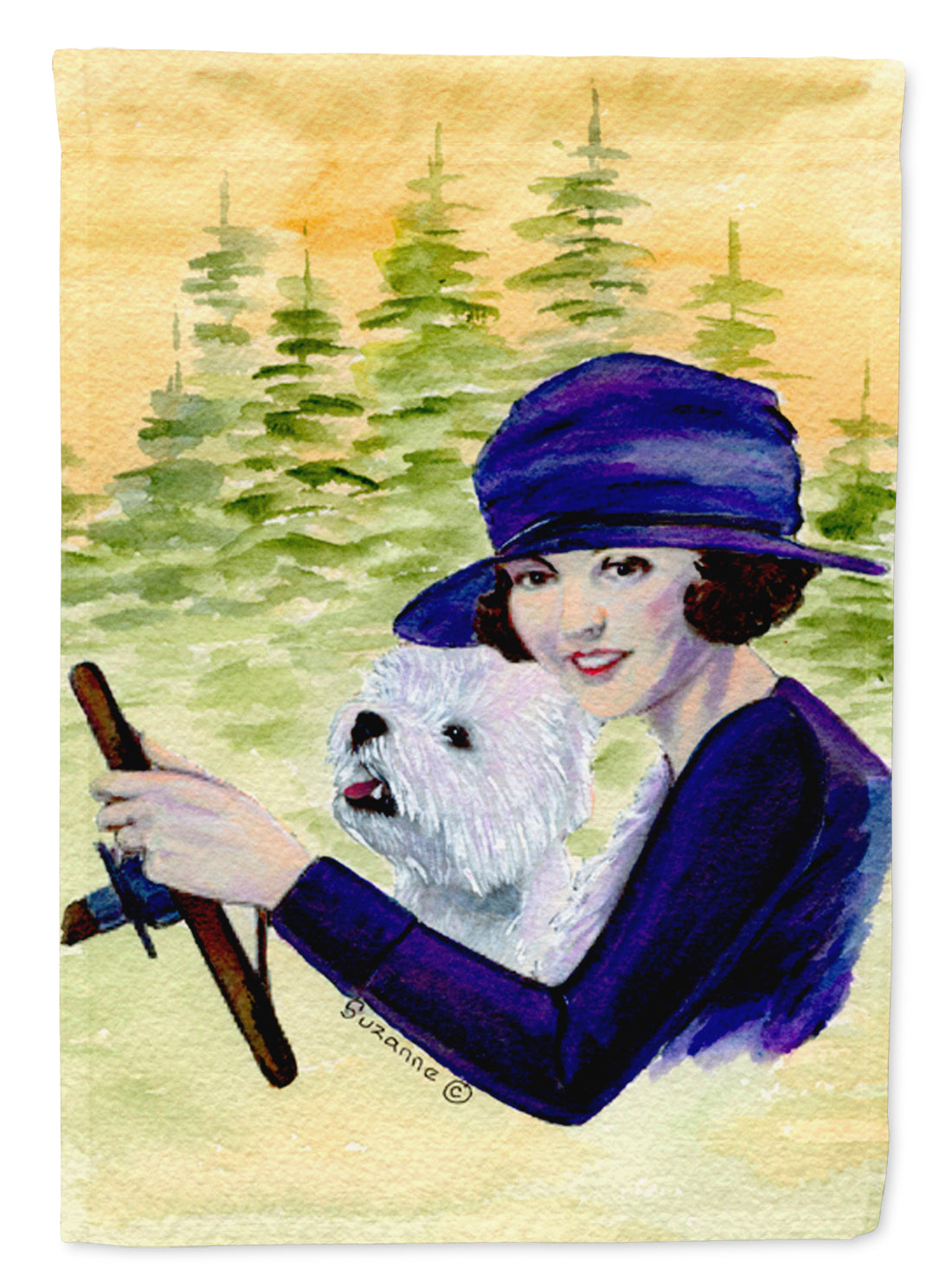 Woman driving with her Westie House Flag 28x40 Porch Sleeve Pole Decorative Outside Yard Banner Artwork Wall Hanging, Polyester