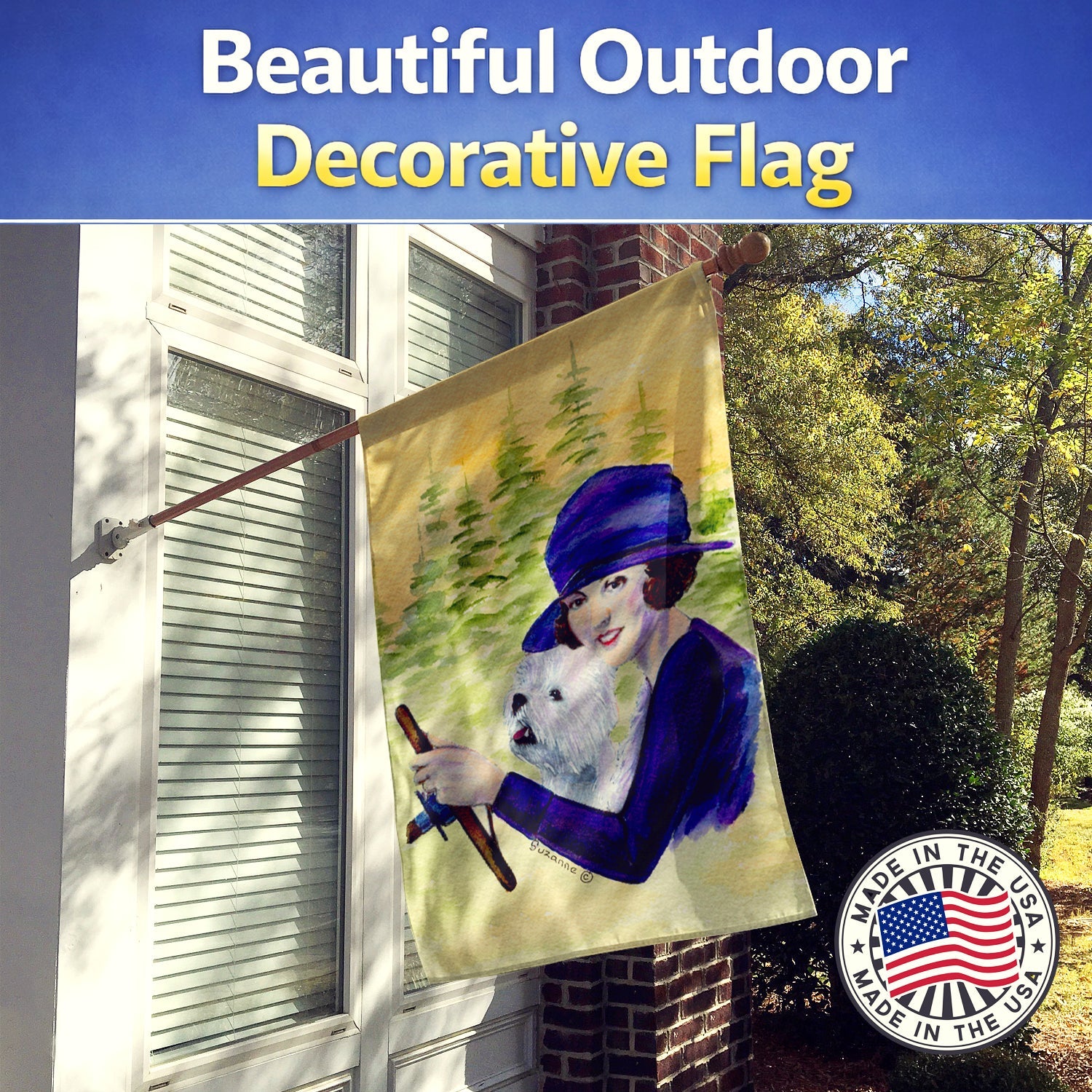 Woman driving with her Westie House Flag 28x40 Porch Sleeve Pole Decorative Outside Yard Banner Artwork Wall Hanging, Polyester