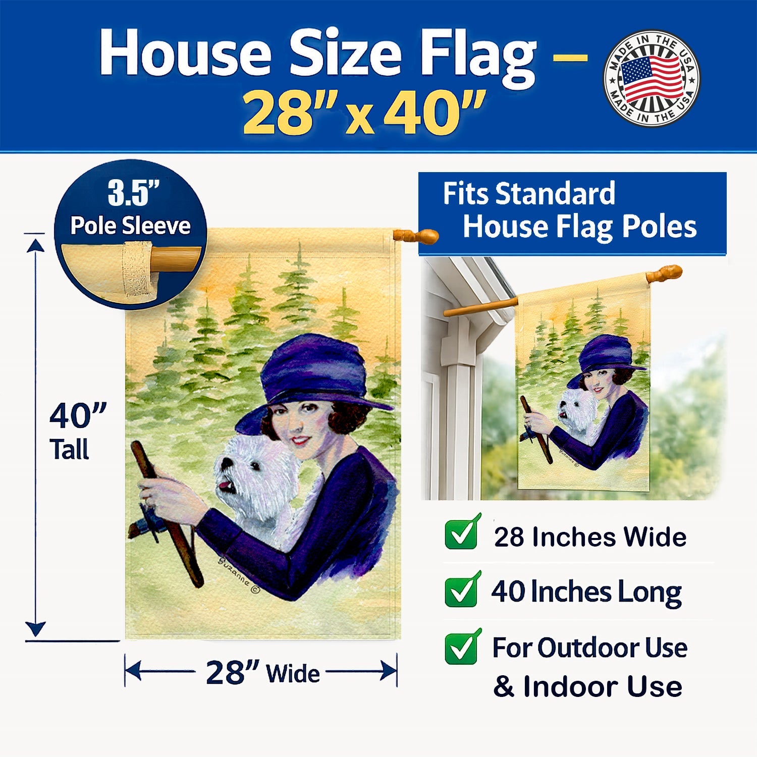 Woman driving with her Westie House Flag 28x40 Porch Sleeve Pole Decorative Outside Yard Banner Artwork Wall Hanging, Polyester
