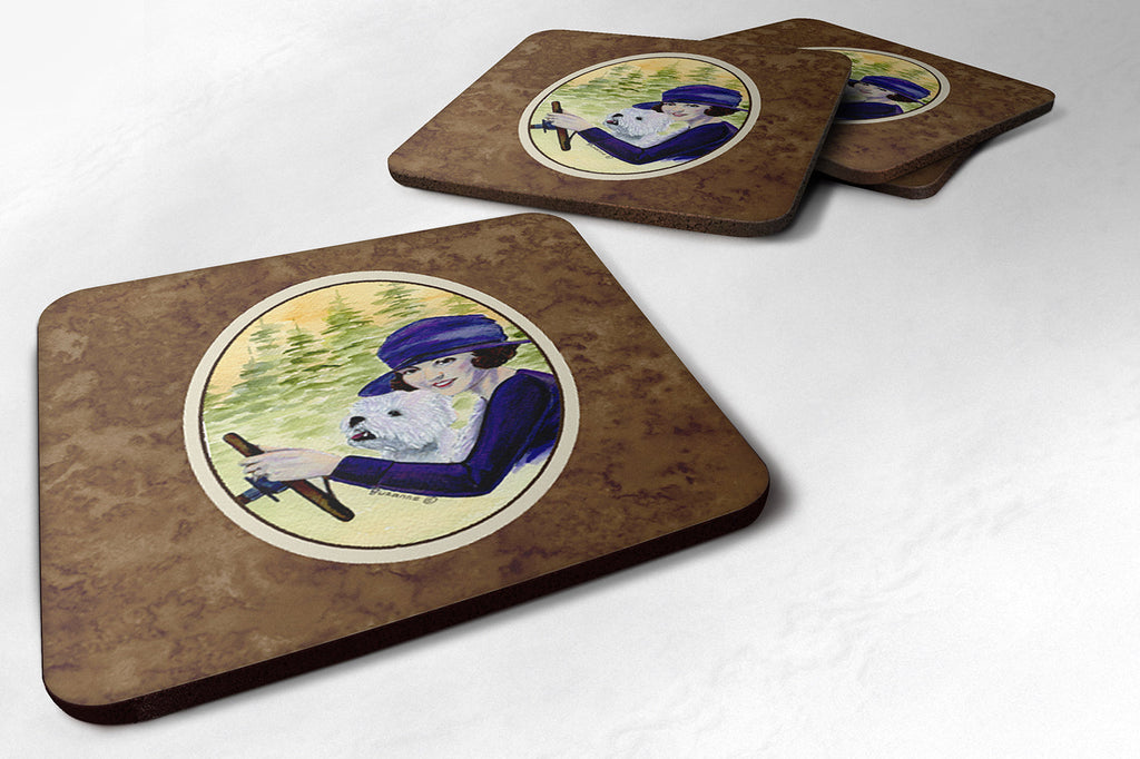 Woman driving with her Westie Foam Coasters Set of 4 Cup Coasters for Indoor Outdoor, Tabletop Protection, Anti Slip, Mouse pad Material
