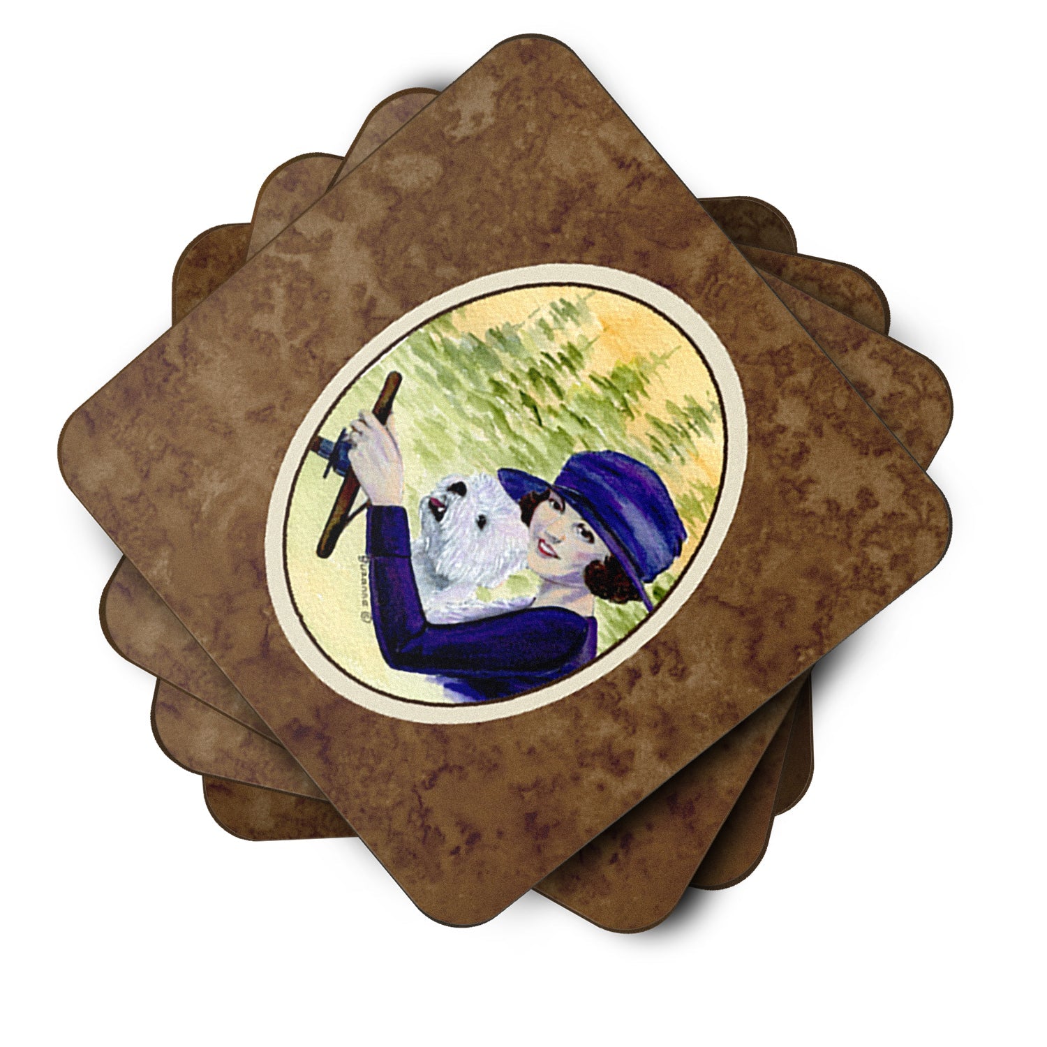Woman driving with her Westie Foam Coasters Set of 4 Cup Coasters for Indoor Outdoor, Tabletop Protection, Anti Slip, Mouse pad Material