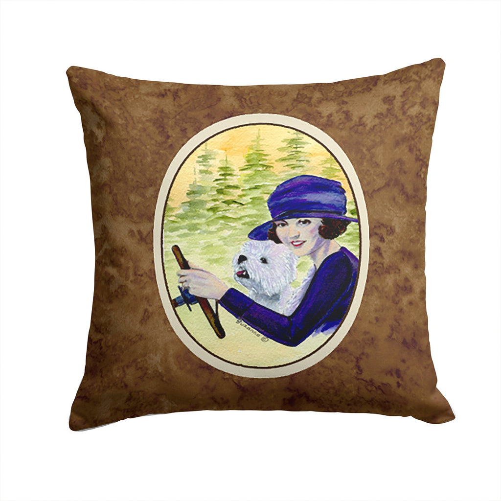 Woman driving with her Westie Decorative Throw Pillow 14x14 Indoor Outdoor Accent Cushion, Fabric Cover with Insert for Sofa, Bed, Porch & Living Room