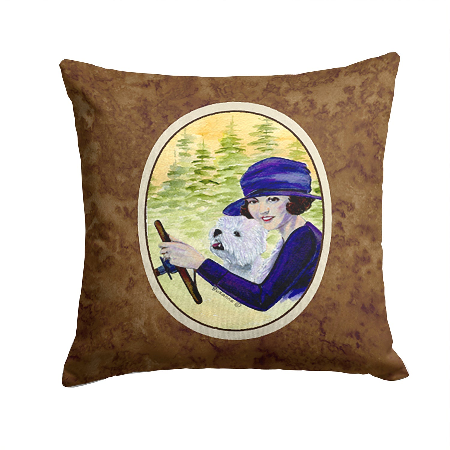 Woman driving with her Westie Decorative Throw Pillow 14x14 Indoor Outdoor Accent Cushion, Fabric Cover with Insert for Sofa, Bed, Porch & Living Room
